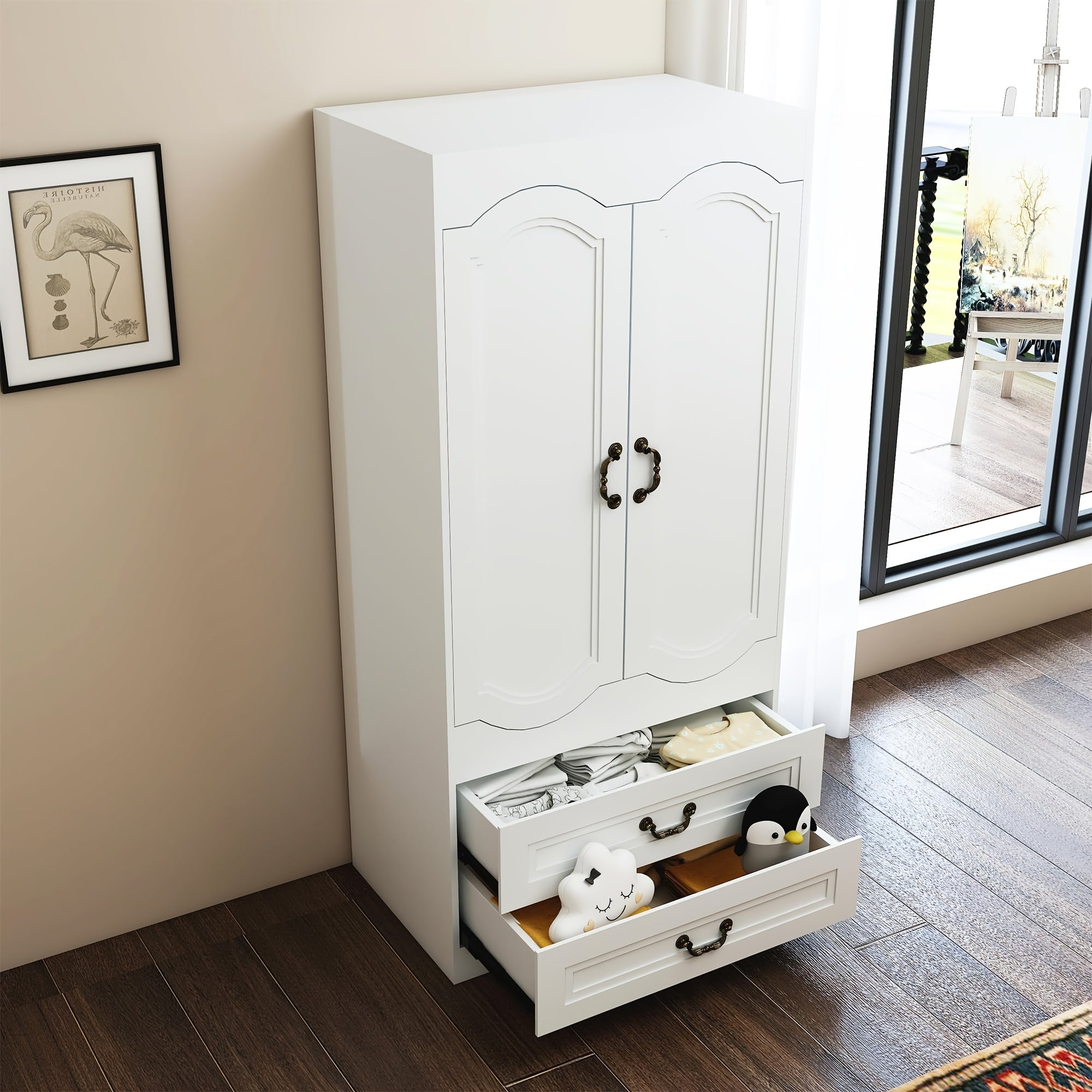 Armoire Wardrobe Closet With 2 Drawers, Easy-to-assemble Tall Wooden Wardrobe Closet With 2 Doors And Hanging Rail, Free Standing White Armoire For Bedroom