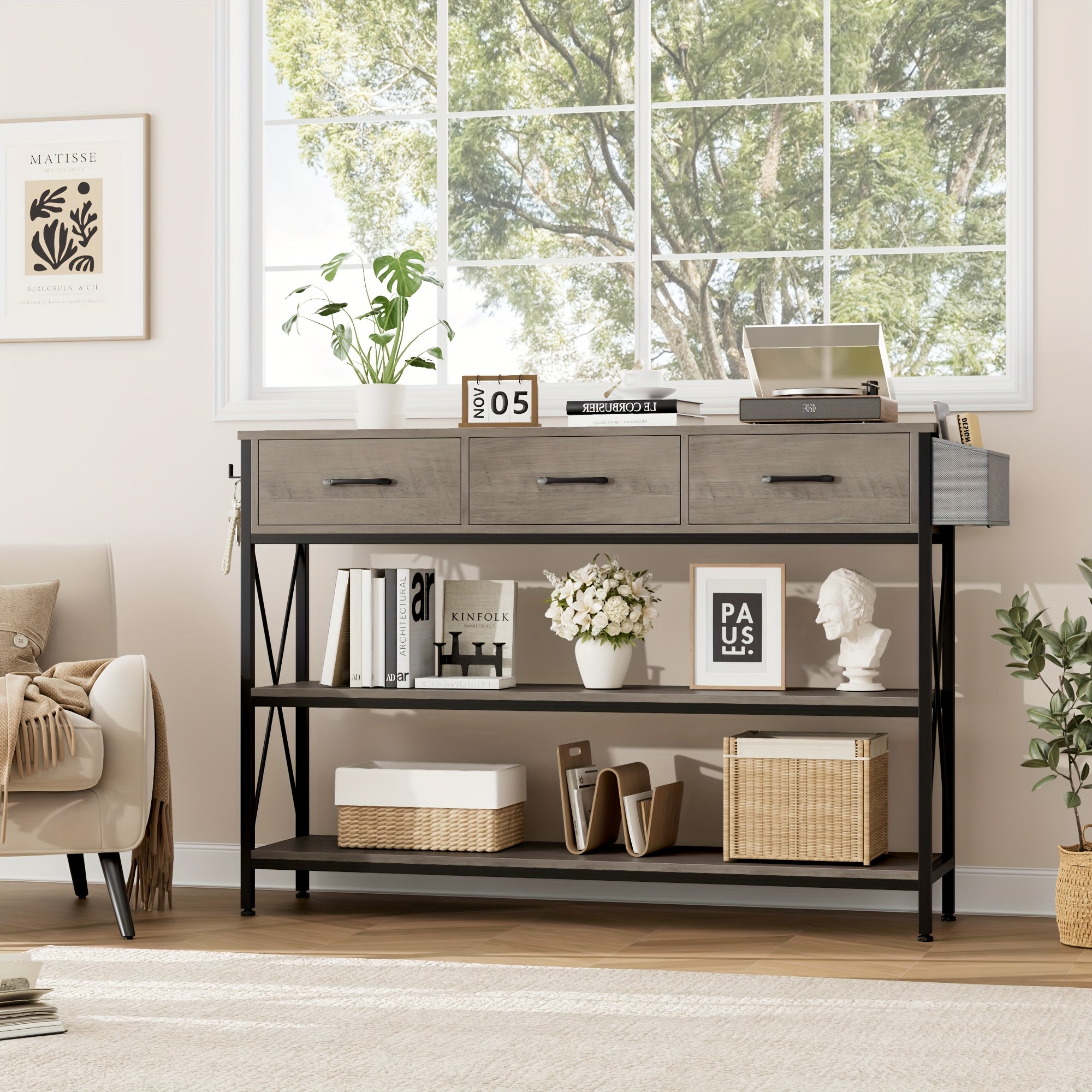 Industrial Console Table With 3 Drawers, Vintage Hallway Foyer Table With Storage Shelves, Narrow Long Sofa Entryway Table For Living Room