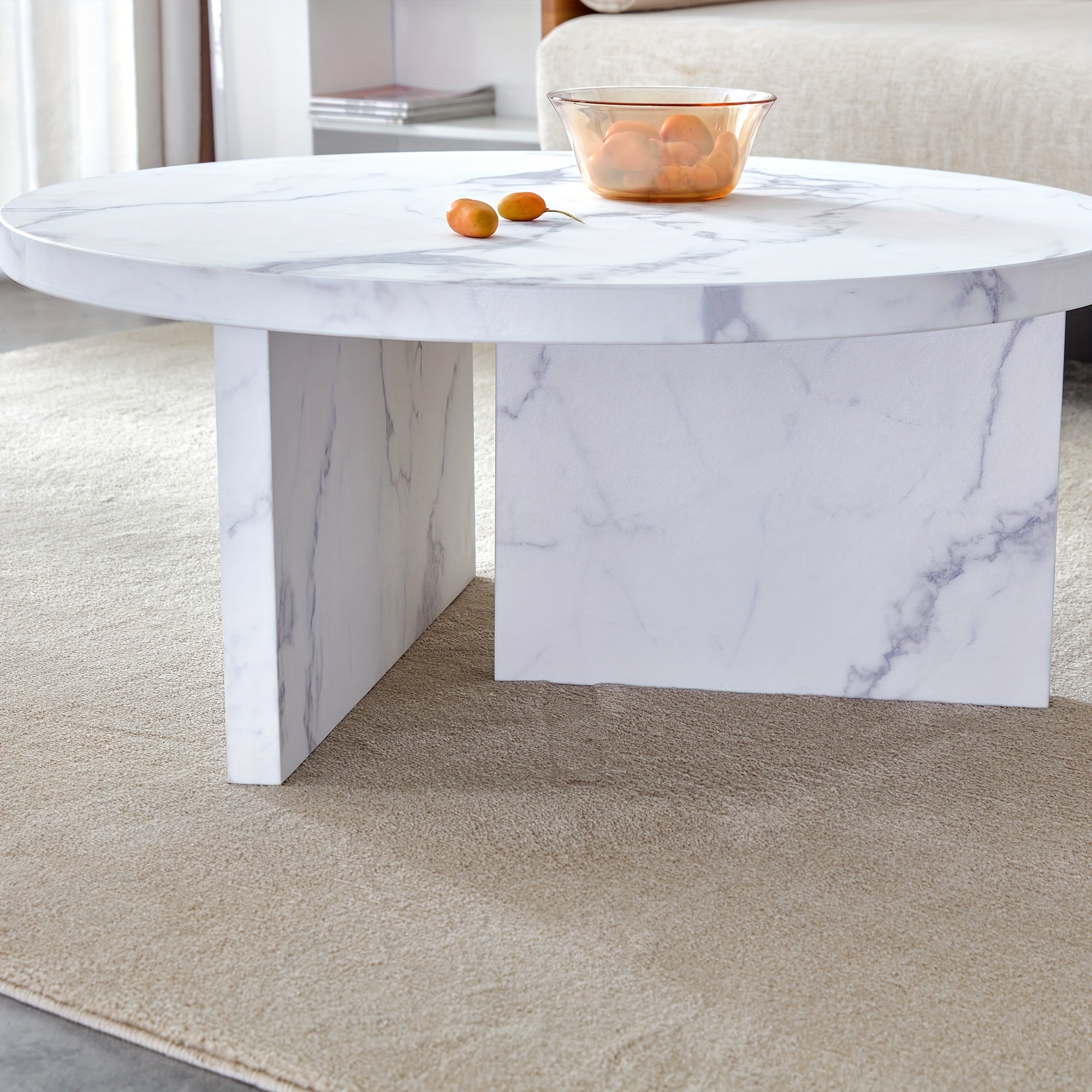 Modern Marble-Look Round Coffee Table For Living Room, Unique Circle Central Table, White Faux Marble Coffee Tables For Home Reception Office Waiting Area