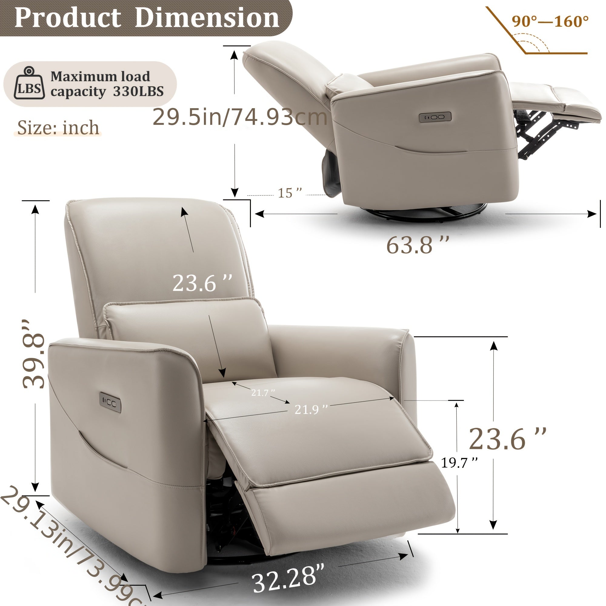 Comfortable Armchairs, Swivel Recliners, Electric Rocker Recliners, Electric Chaise Longues With Side Pockets And Type-C And USB Ports, Light Grey, Interior Comfort Options