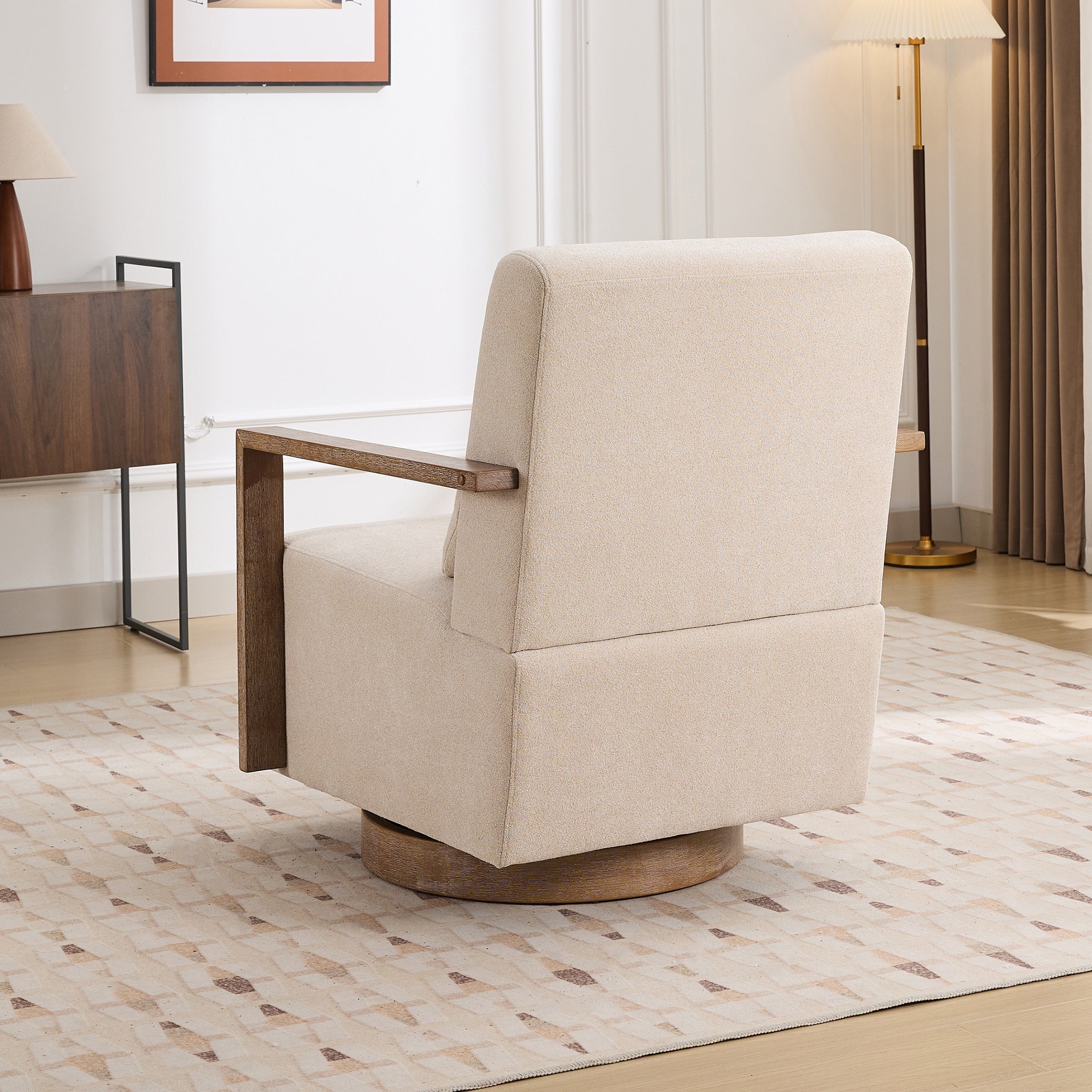 Upholstered Swivel Accent Chair With Solid Wood Armrests And Wood Base Side Armchair For Bedroom, Living Room