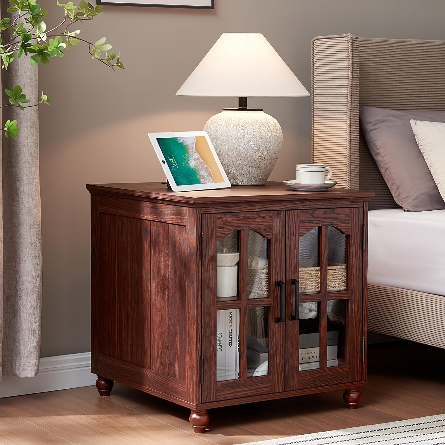 English Style Nightstand with Charging Station, Rustic Wooden End Table, Mixed Color Hardwood & Wood-Based Panel Construction, with Glass Barn Doors and Adjustable Shelf, for Living Room, Bedroom, Office