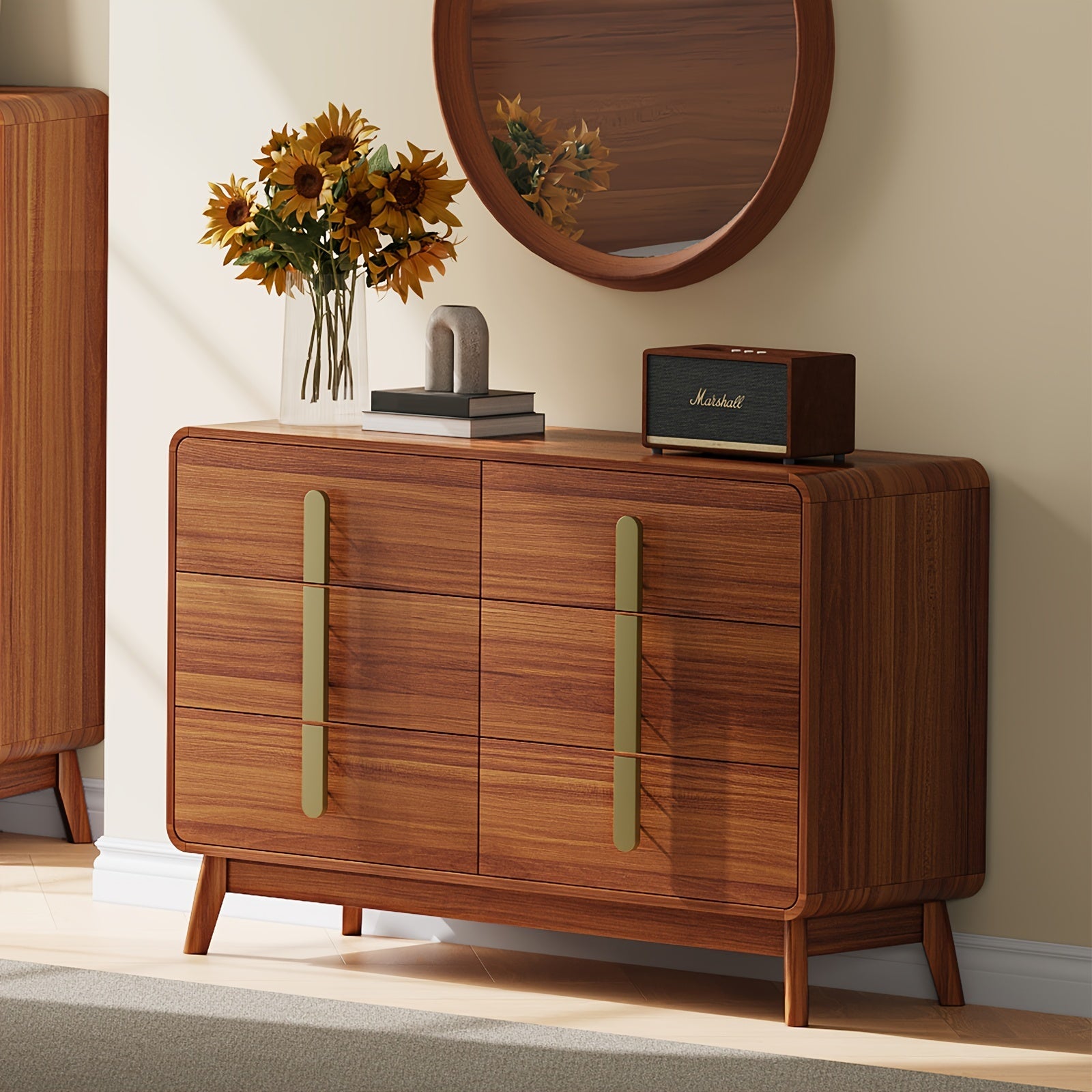 Mid-Century Modern 5/6 Drawer Dresser - Cherry Wood Finish 47.2’’ Tall with Metal Handles for Bedroom Living Room &