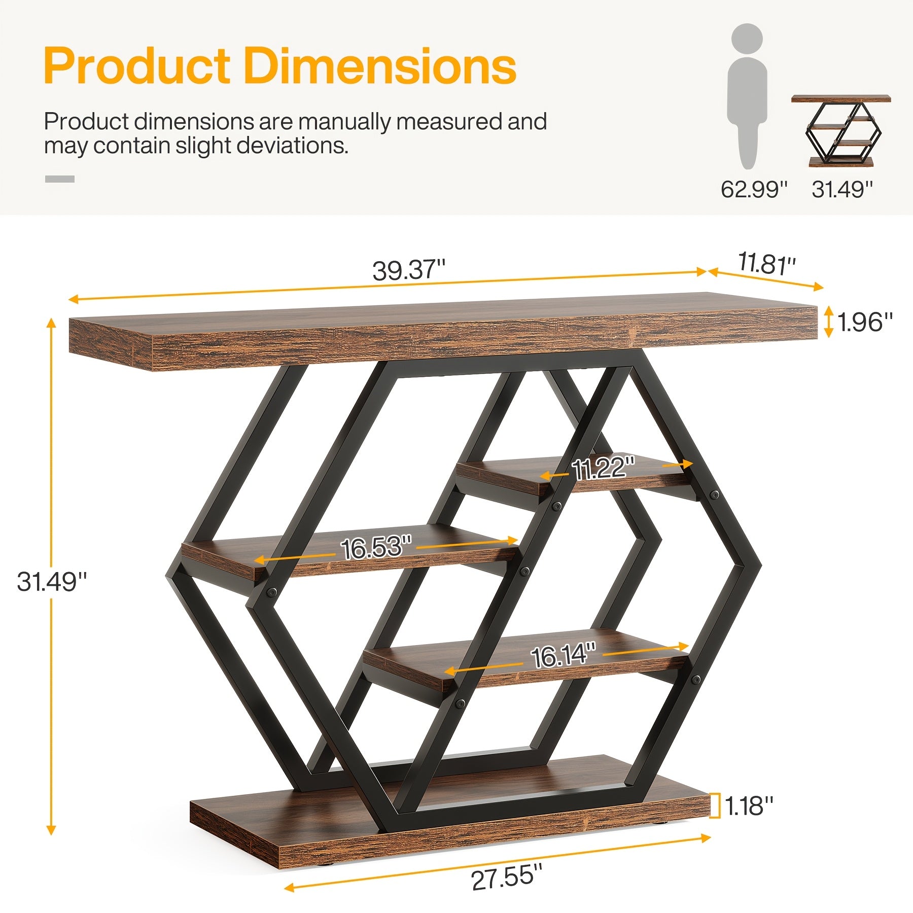 39.3'Brown Rectangle Wood Console Table, 5-Tier Sofa Table Storage Behind Sofa Entryway Couch Accent Wall Console Home