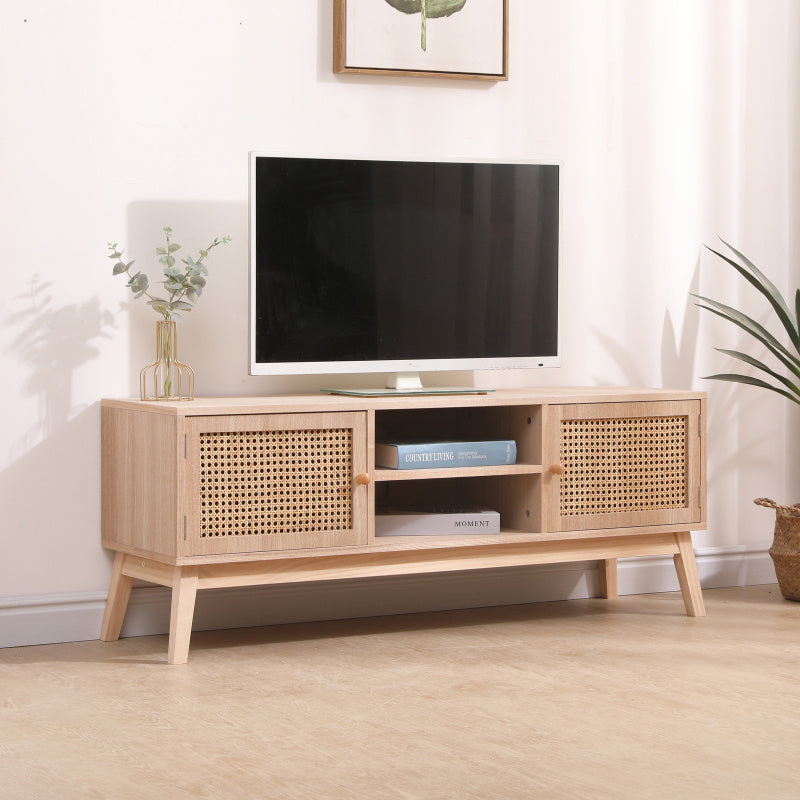 Boho TV Stand for 55 Inch TV, Entertainment Center with Adjustable Shelf, Real Rattan TV Console with 2 Cabinets, Media Console, Solid Wood Feet, 2 Cord Holes, for Living Room- Natural