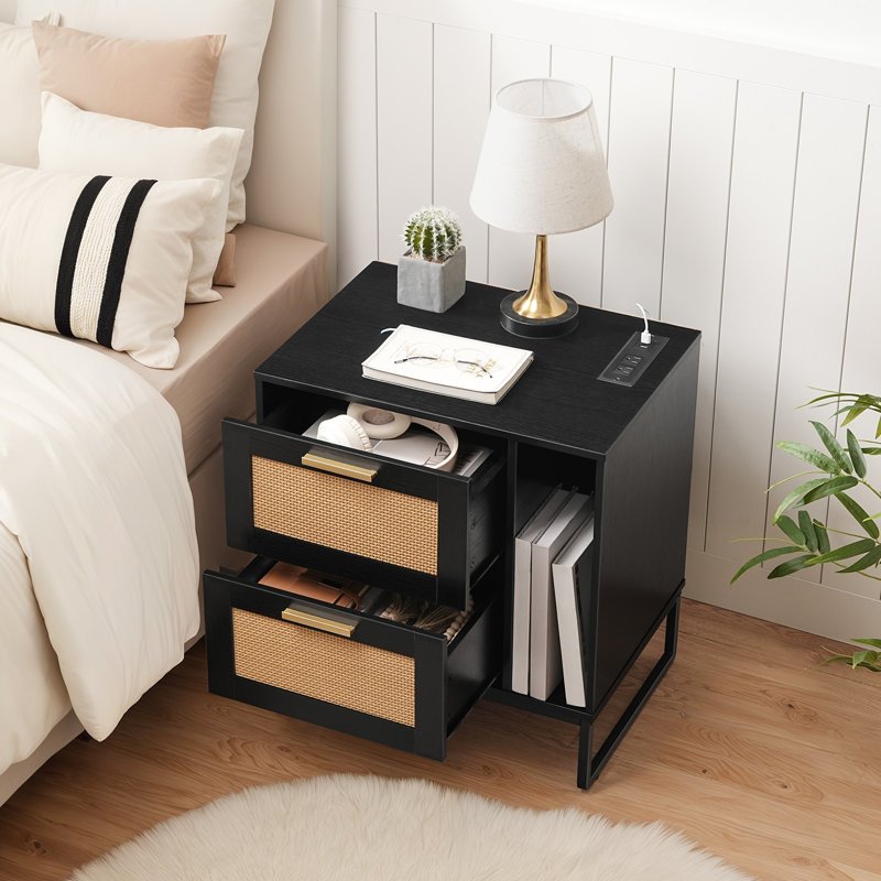 Bedside table with charging station, side table with rattan decoration drawers, modern side table with 2 drawers, fashionable sofa side table, multiple charging ports, metal legs, sofa bedside table, bedroom bedside table, st