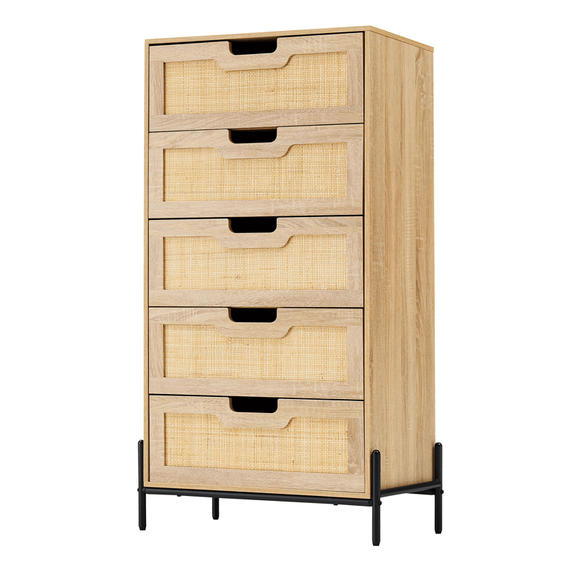 5 Drawers Dresser for Bedroom, Natural Rattan Drawer with Spacious Storage, Wood Chest of Drawers with Metal Legs for Bedroom, Living Room, Hallway, Entryway, Closet