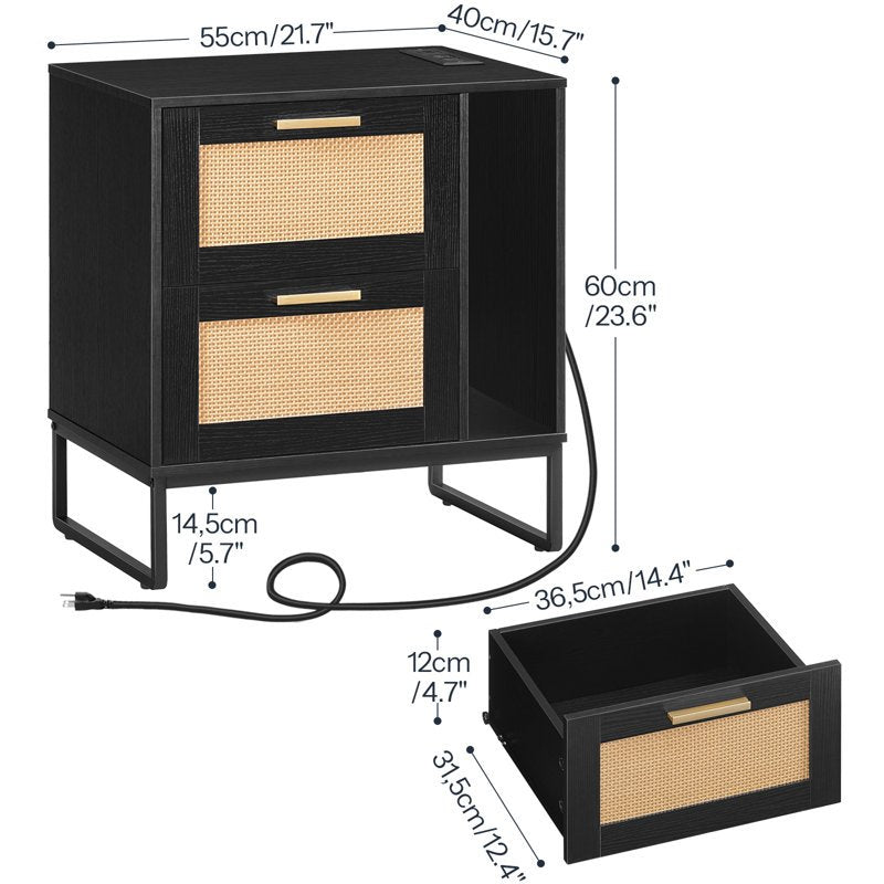 Bedside table with charging station, side table with rattan decoration drawers, modern side table with 2 drawers, fashionable sofa side table, multiple charging ports, metal legs, sofa bedside table, bedroom bedside table, st