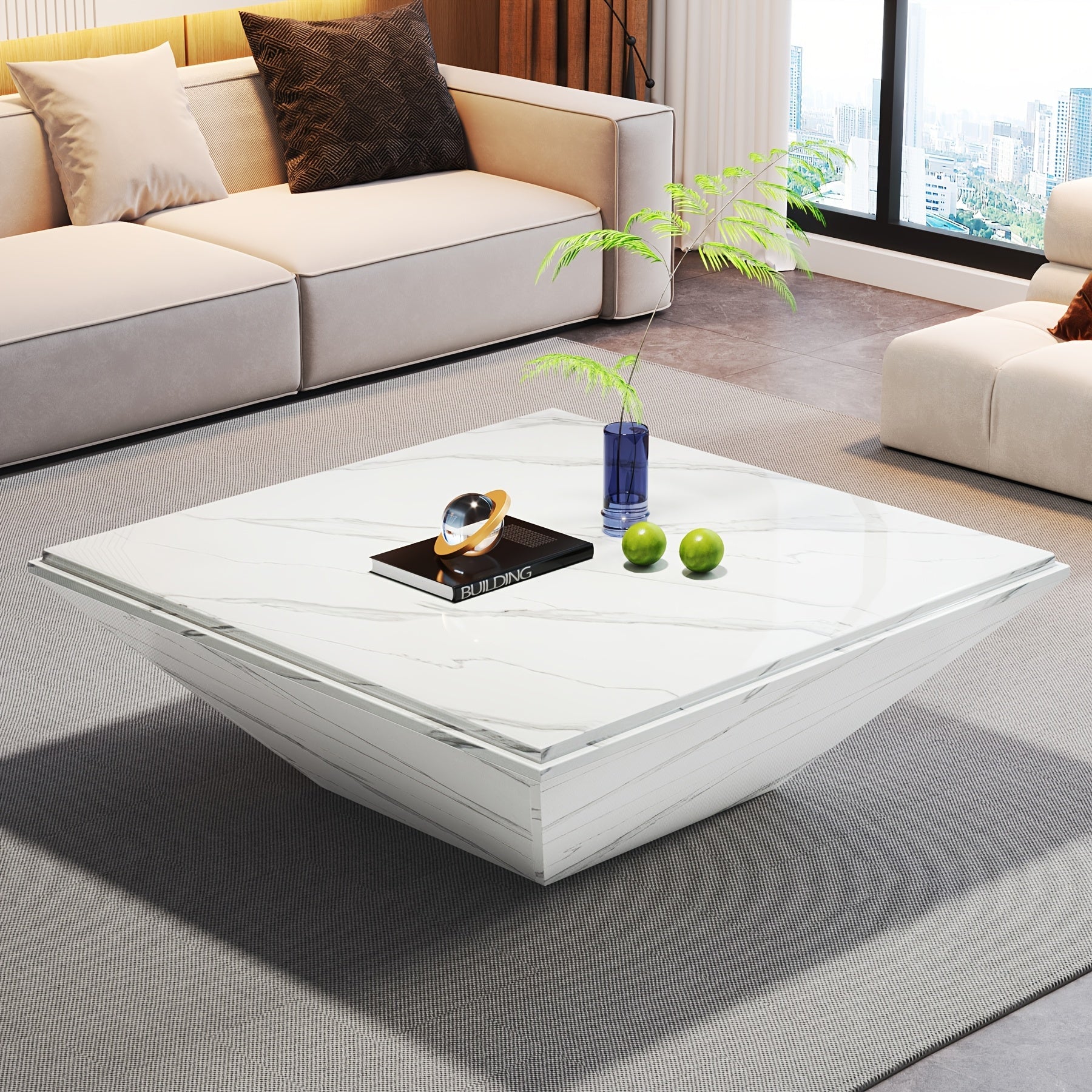 Modern 91cm Square Coffee Table with Faux Marble Top - Stain-Resistant, Large Engineered Wood Centerpiece for Living Room