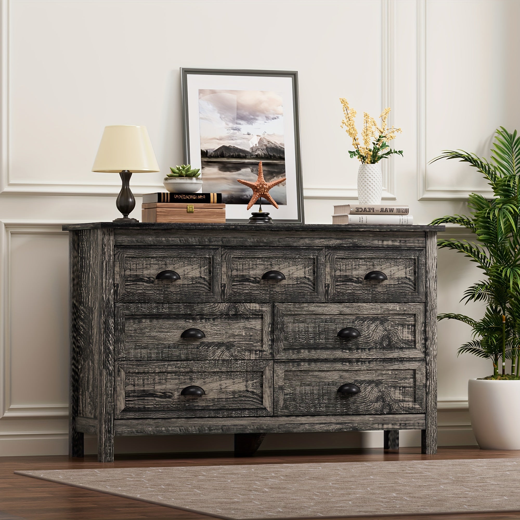 Farmhouse Dresser For Bedroom, 7 Drawer Dresser With Vintage Black Handle, Wide Wood Dressers & Chests Of Drawers For Hallway, Entryway, Living Room