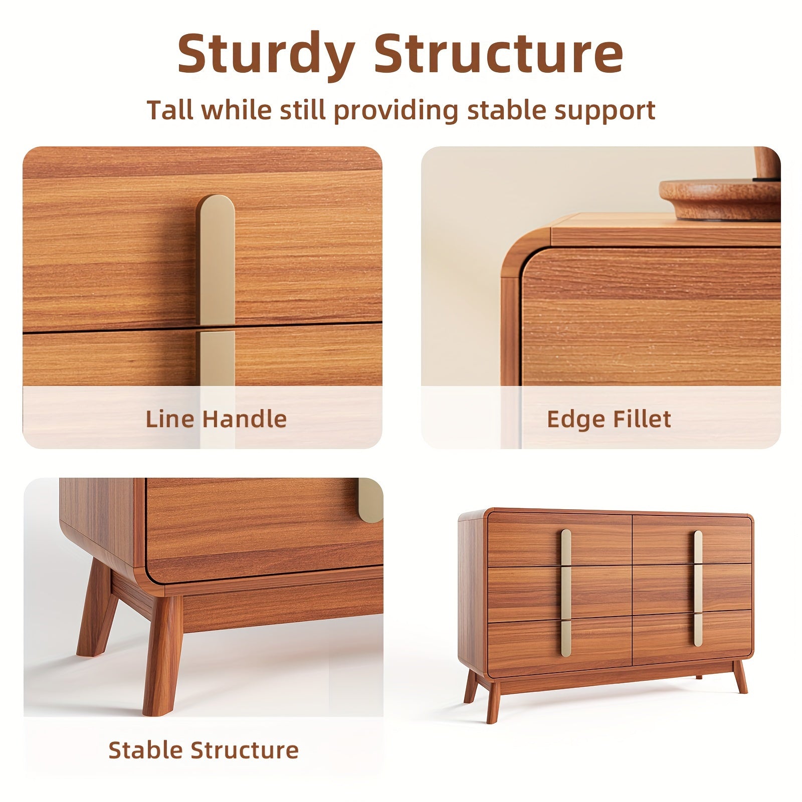 Mid-Century Modern 5/6 Drawer Dresser - Cherry Wood Finish 47.2’’ Tall with Metal Handles for Bedroom Living Room &