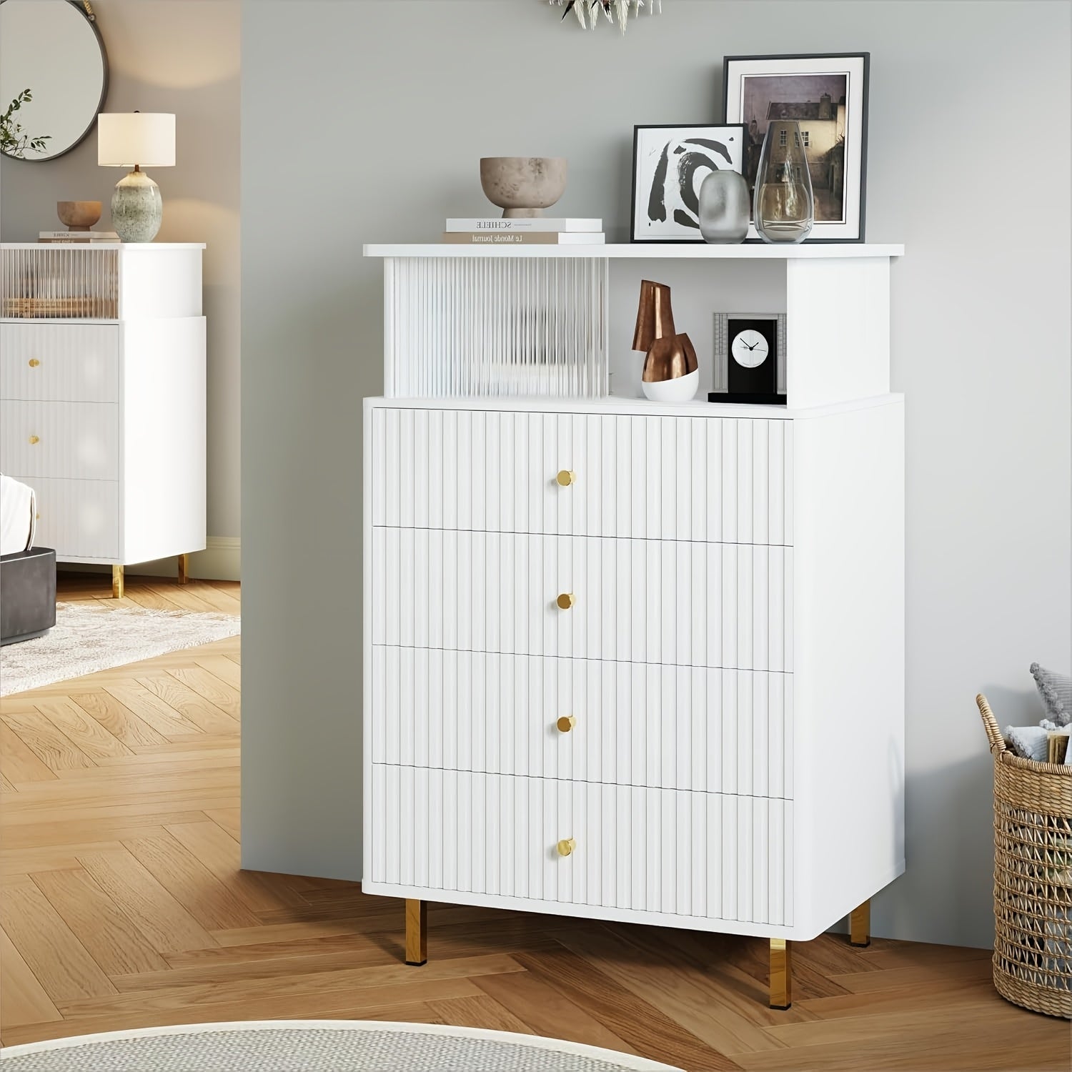 Modern White & Golden 4-Drawer Dresser with LED Lighting - Large Capacity Acrylic Accents for Bedroom Living Room