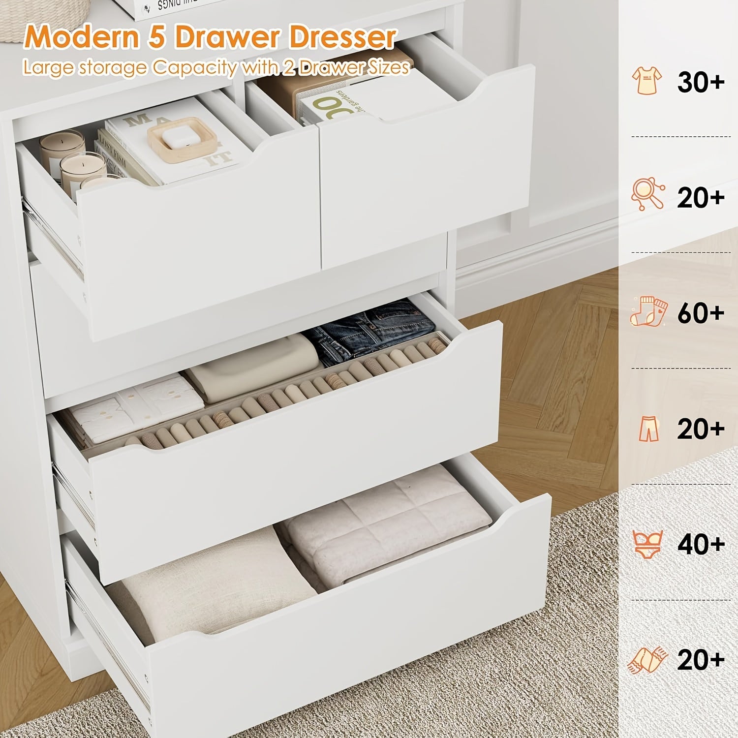 5 Drawer Dresser For Bedroom Chest Of Drawers With Storage Storage Chest Organizers With Cut-Out Handles Accent Storage