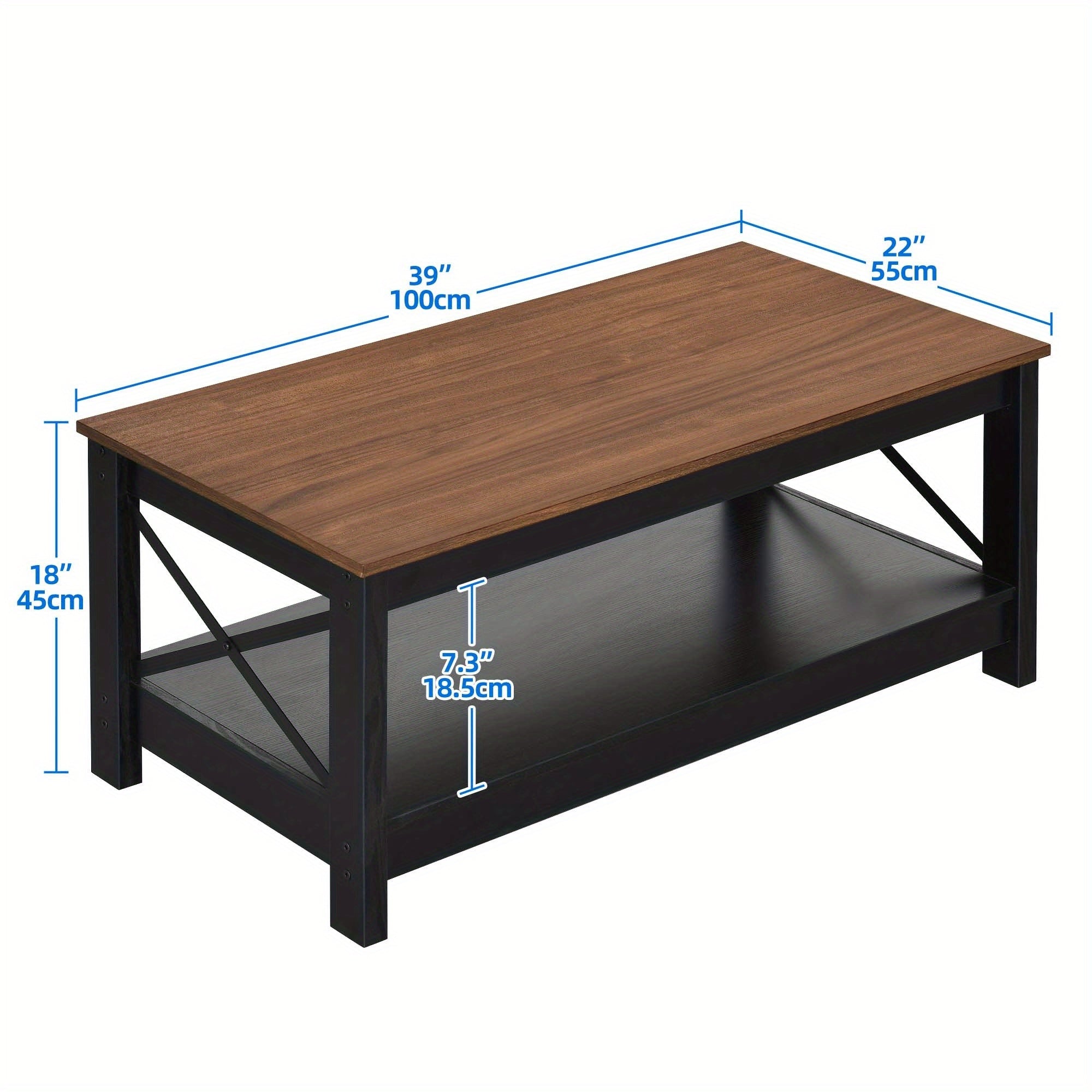 Rectangular Wood Coffee Table with Dual- Tier Open Storage Optimized for Robotic Cleaning - Walnut + black - Coffee