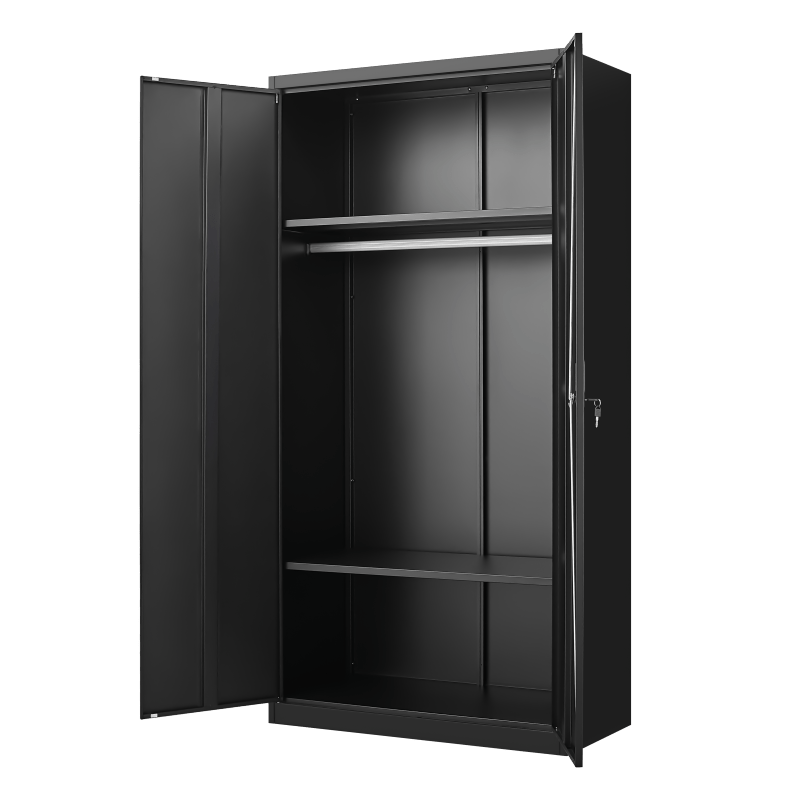 Metal Armoire Wardrobe Cabinets, 70" Black Locker Steel Wardrobe Bedroom Storage Cabinet with Doors and Hanging Rod, Clothes Closet for Home, Office and Bedroom, School, Gym, Storage Drawer Units