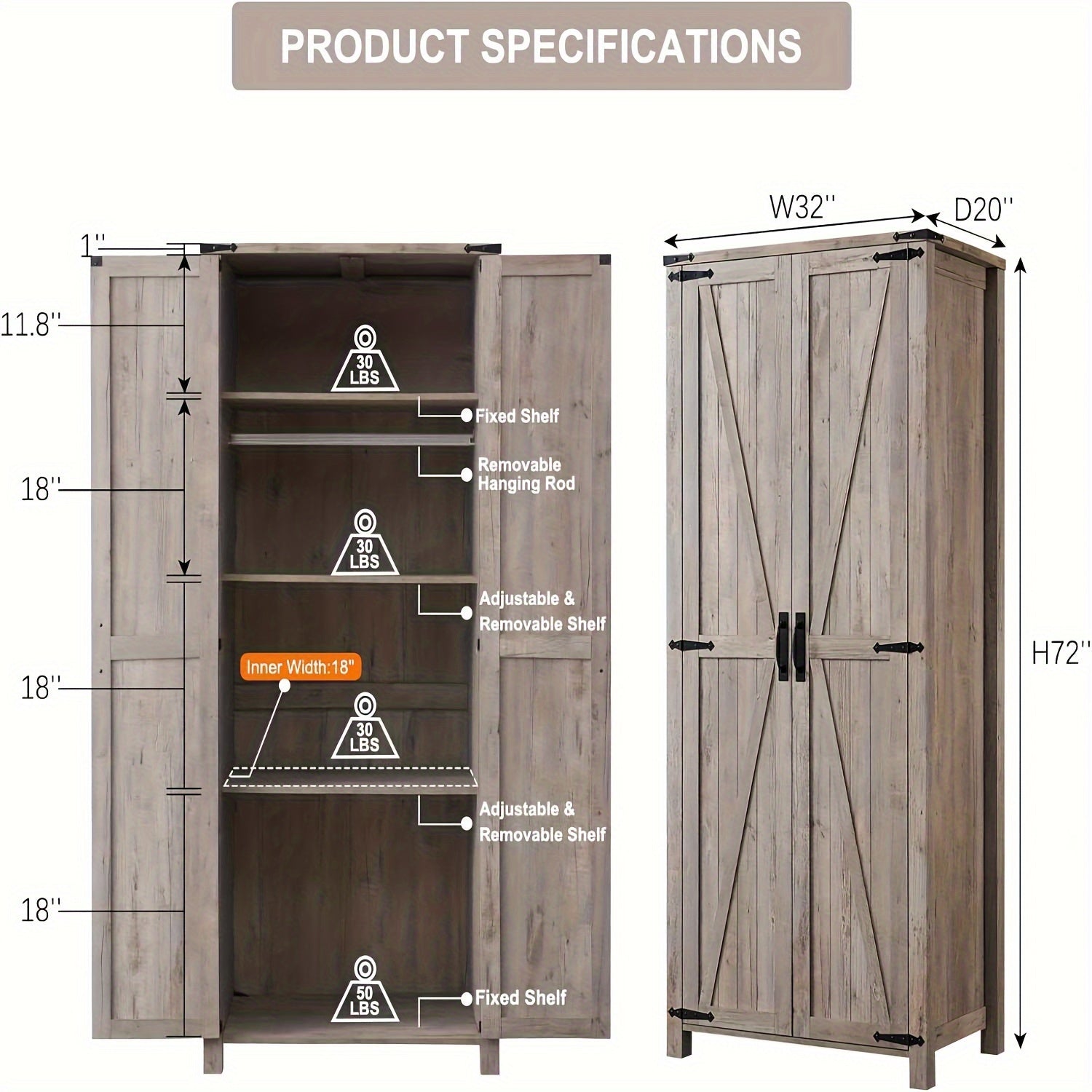 Versatile Storage For Kitchen, Bathroom, Laundry, Or Utility Room, Storage Cabinet, 32'' Farmhouse Armoire W/Adjustable Shelves, Rustic Pantry W/2 Barn Doors & Hanging Rod