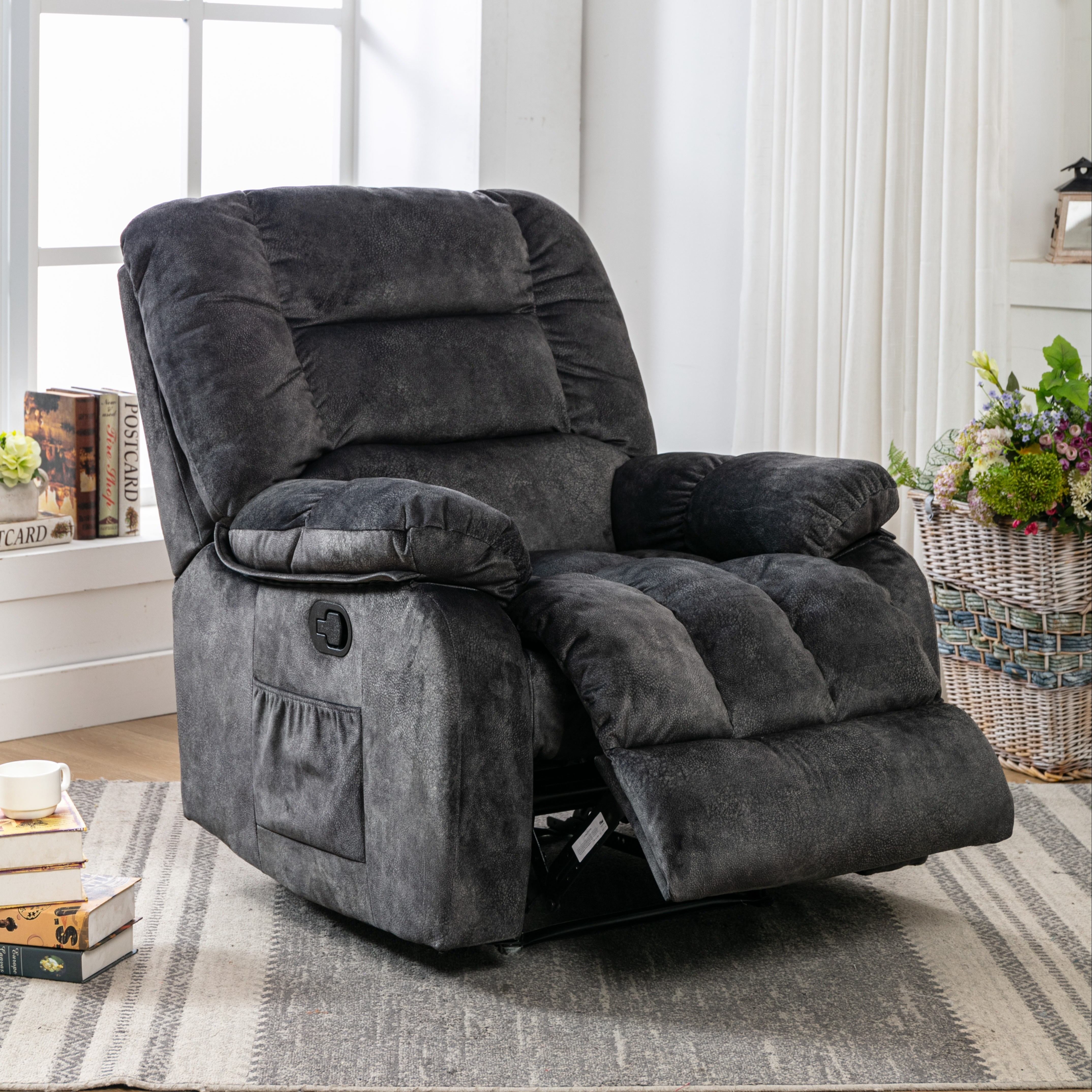 Soft Fabric Single Manual Recliner With Massage Heating, Black, Chocolate Brown, Camel