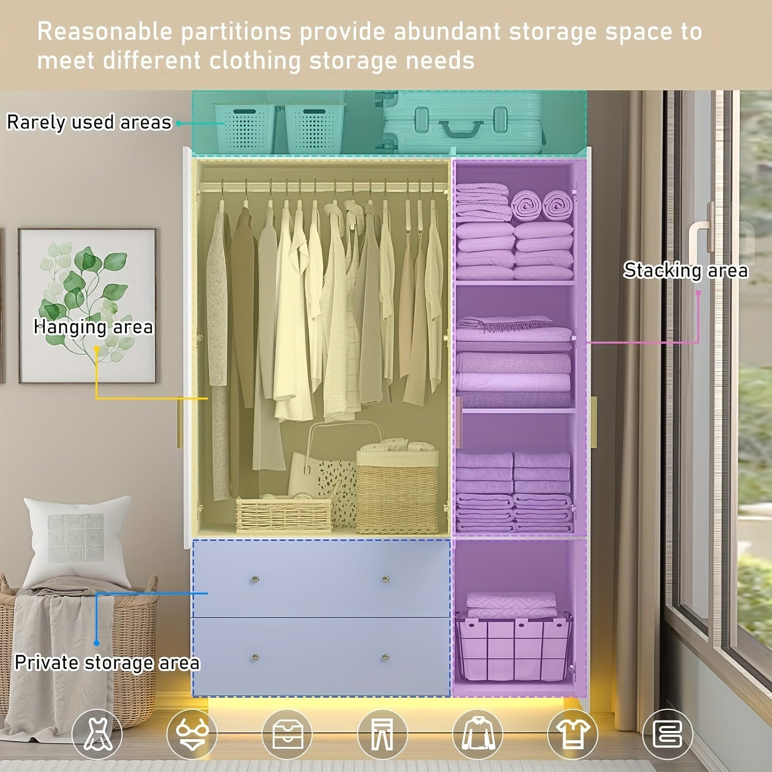 3 Door Wardrobe Closet With Mirror & LED Lights Bedroom Armoire With Drawers & Shelves Modern Wooden Armoire Wardrobe