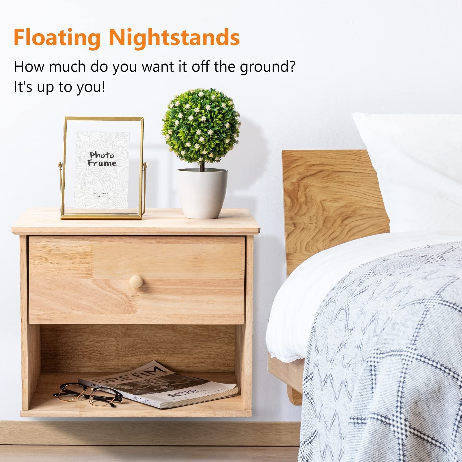 Unfinished Natural Solid Wood Floating Nightstand for Bedroom, Small Nightstand with Drawer/Shelf, Farmhouse Night Stand Wall-Mounted Nightstand/Bedside Table for Small Space Color DIY