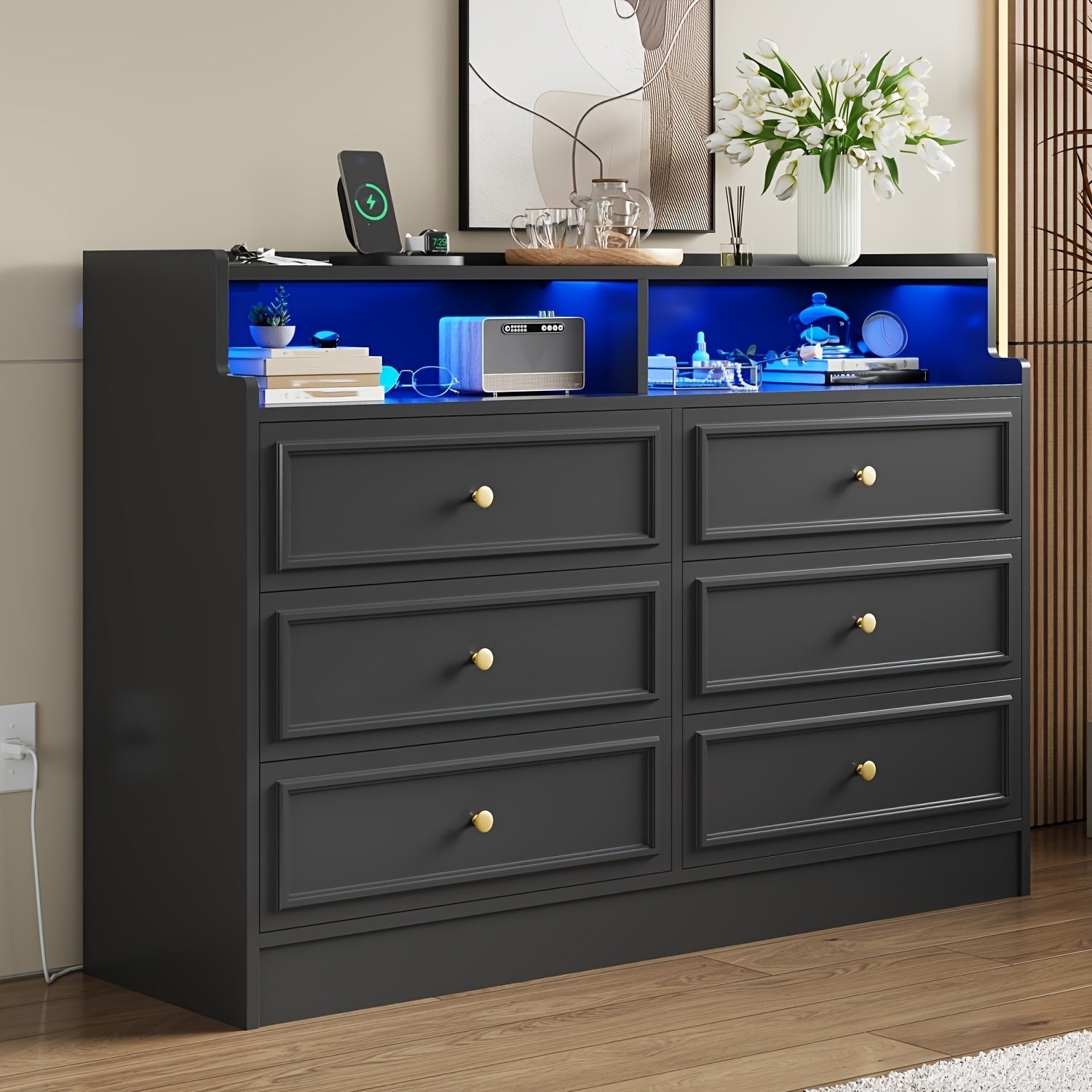 Modern Black LED Dresser with Charging Station - 5-Drawer Storage Cabinet with Customizable Blue Lighting, Large Compartments for Bedroom & Living Room Decor, Dresser for Bedroom