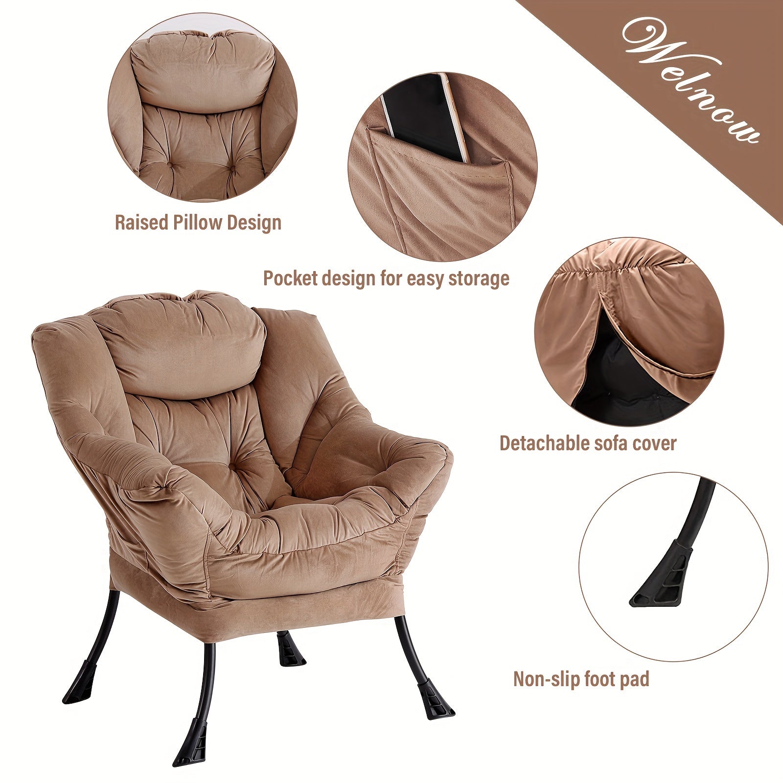 Lazy Chair with Ottoman, Modern Lounge Accent Chair with Armrests and a Side Pocket, Leisure Sofa Chair Set, Reading Chair with Footrest for Small Space, Corner Chair, Dark Brown