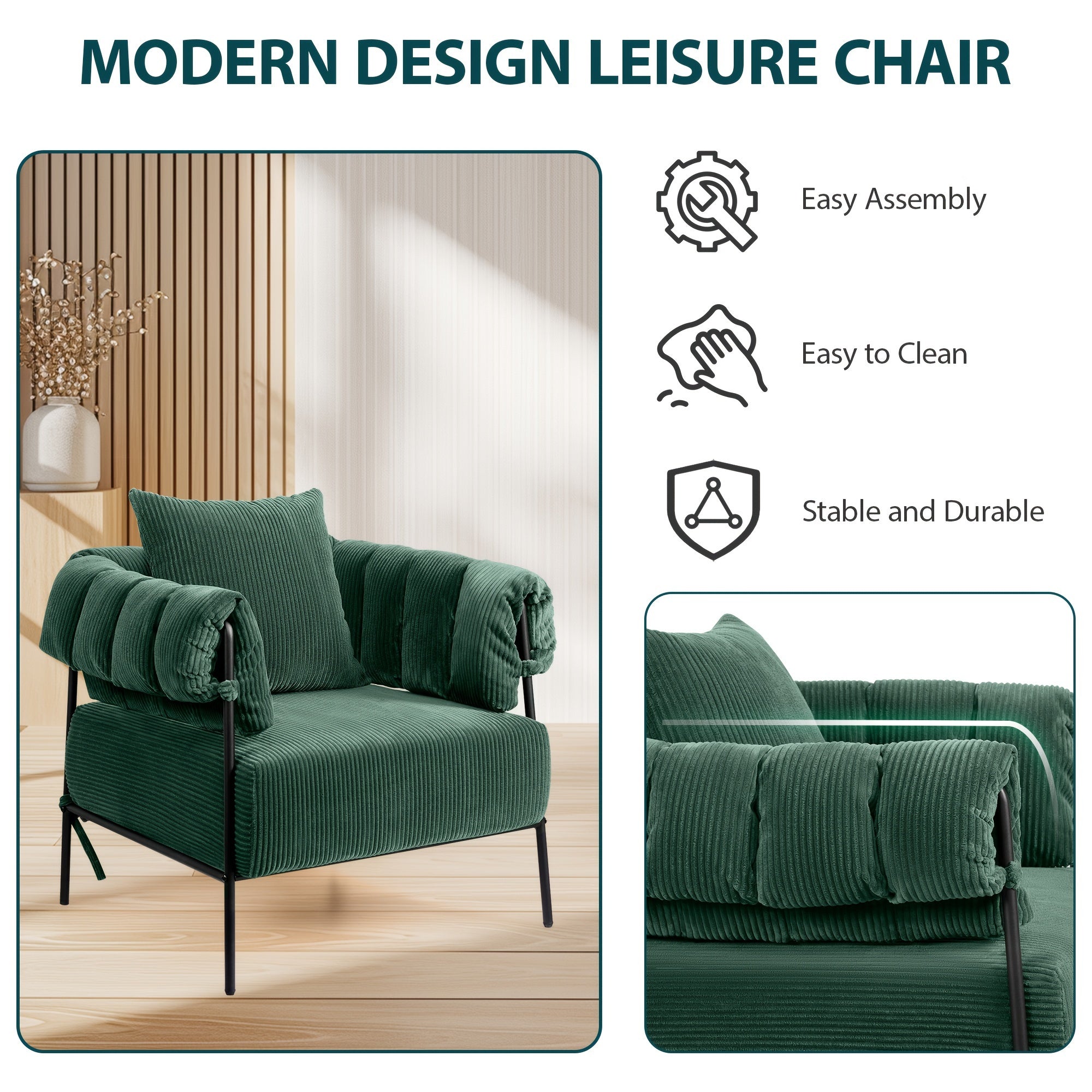 Sofa Chair Corduroy Fabric Modern Accent Chair With Metal Legs And High-Density Sponge Cushions