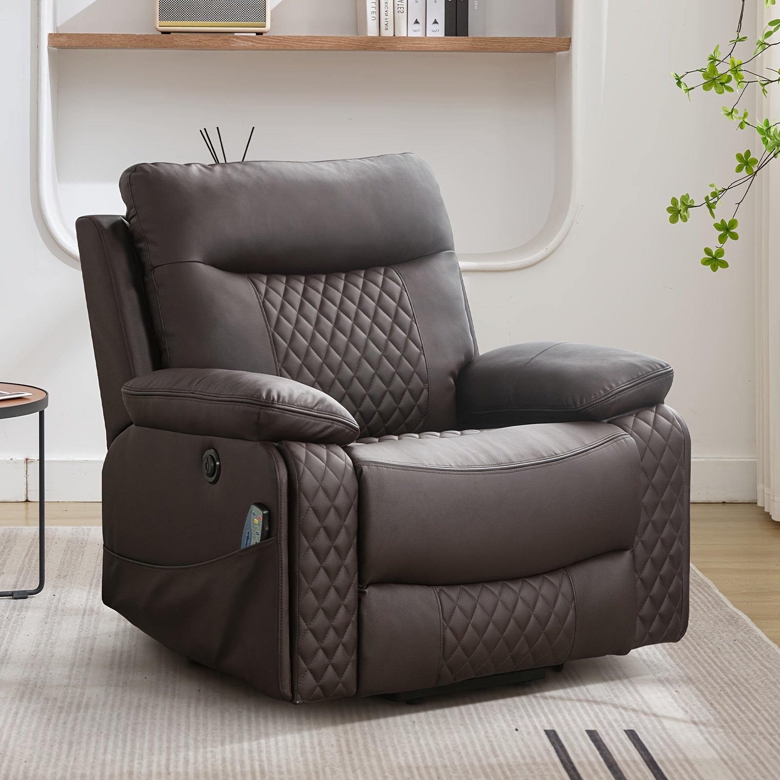 Modern Diamond Fabric Design Power Reclining Heated Massage Chair With USB And Dual Hidden Cup Holders, Large Comfortable Soft Functional Seat