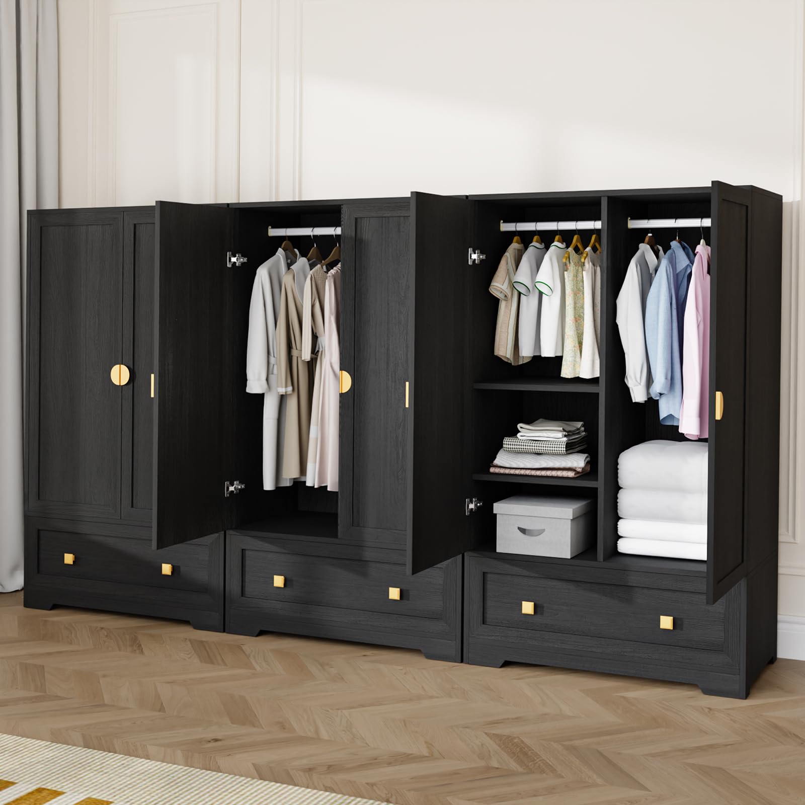 Wide Armoire Wardrobe Closet with Shelves, Hanging Rod and Drawers, Freestanding Closet Wardrobe Cabinet, Armoires and Wardrobes with Doors for Bedroom, Dorm