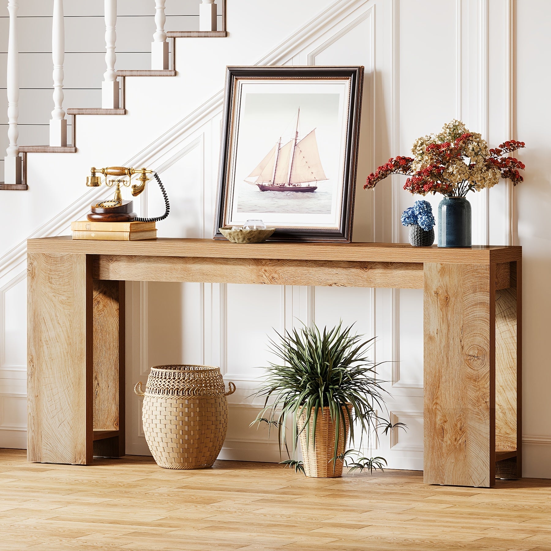 Chic 70.9" Light Oak Brown Console Table - Modern Farmhouse Style, Space-Saving Design with Ample Storage & Display Space for Entryway, Living Room, Hallway - Features Natural Wood Grain & Minimalist Elegance, Home Decor