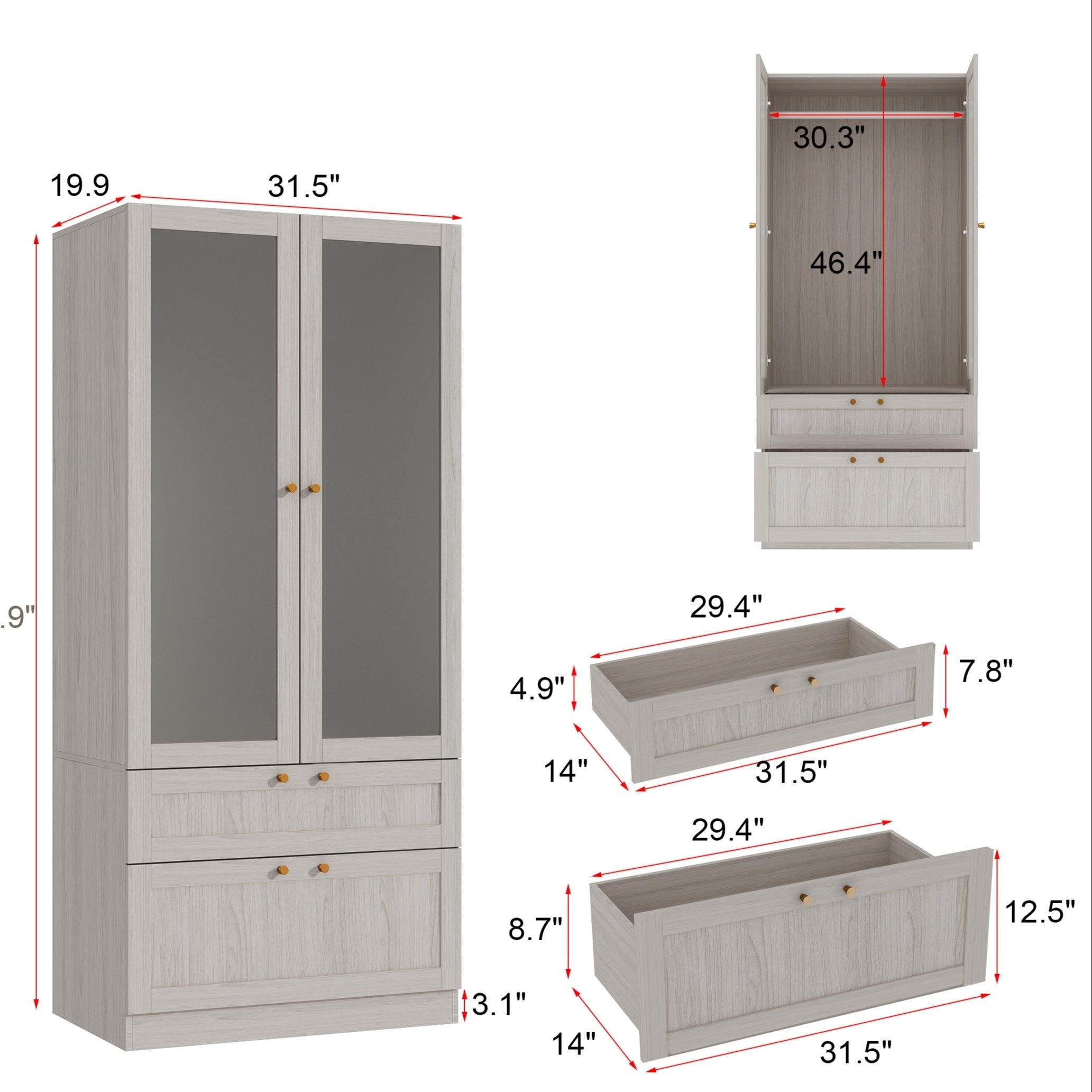 1pc Wardrobe Closet With Frosted Glass Doors, Hanging Bar & 2 Drawers, Bedroom White Wooden Closet Storage Cabinet, 31.5X19.88X70.87inch, Frosted Glass Appears To Be Transparent But Not Transparent, With A Top Cabinet, Side C