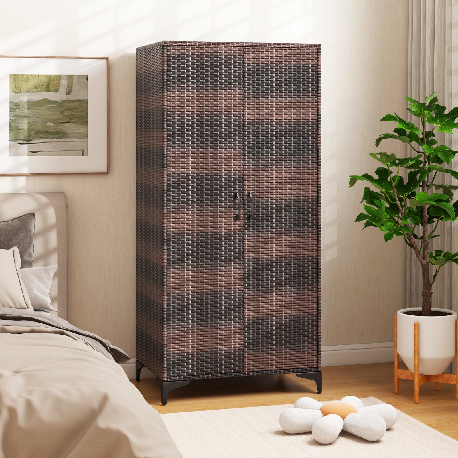 Wicker Wardrobe with 2 Doors, 62" PE Rattan Wardrobe Armoire Closet w/ Hanging Rod & 4 Storage Cubes, Clothes Organizer for Bedroom, Storage Cabinet for Home, Patio, Garage, Black/Mix Brown