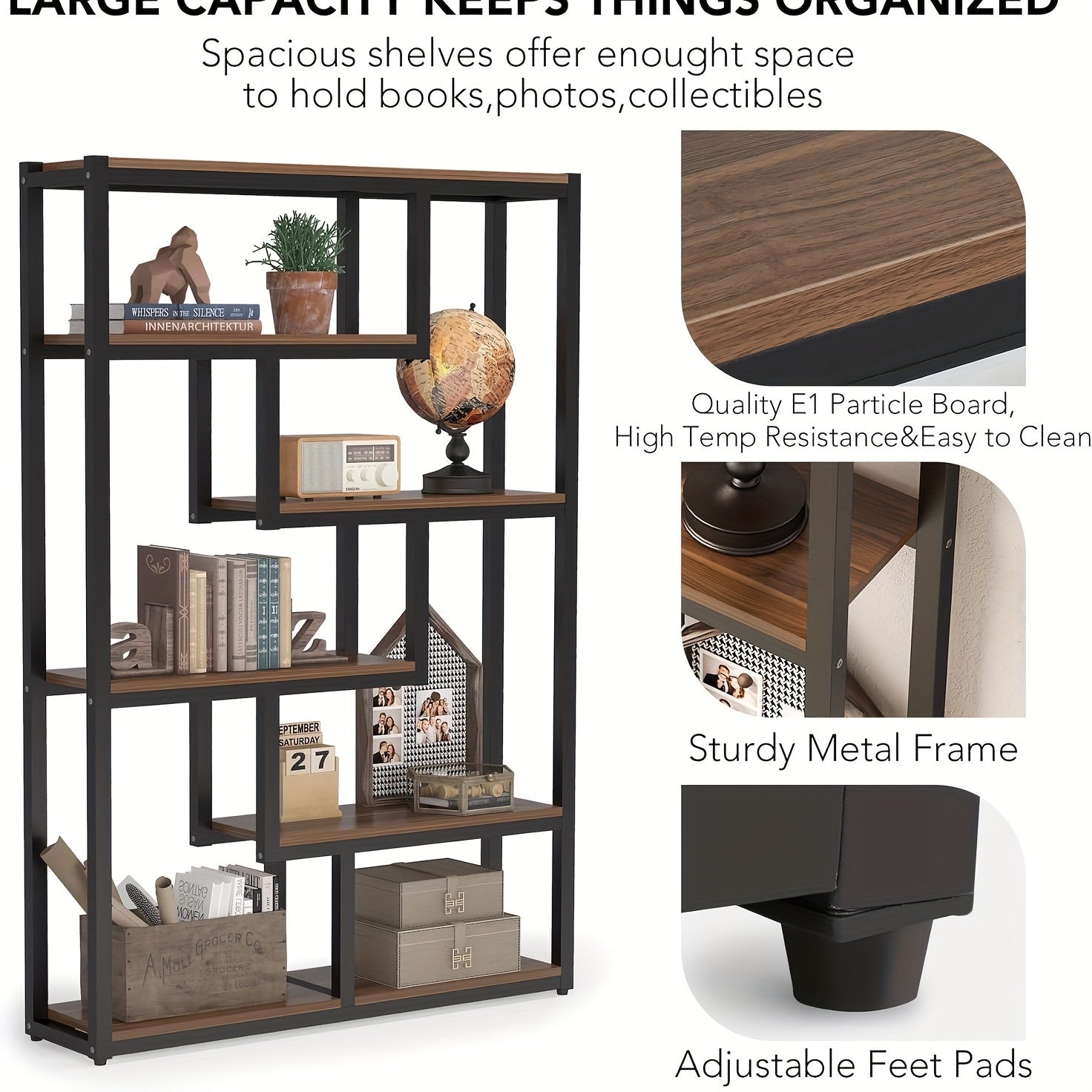 175cm Tall Bookshelf Staggered 6-Shelf Units Dark Walnut & Black Finish - INDUSTRIAL - Bookshelf Westberry Furniture