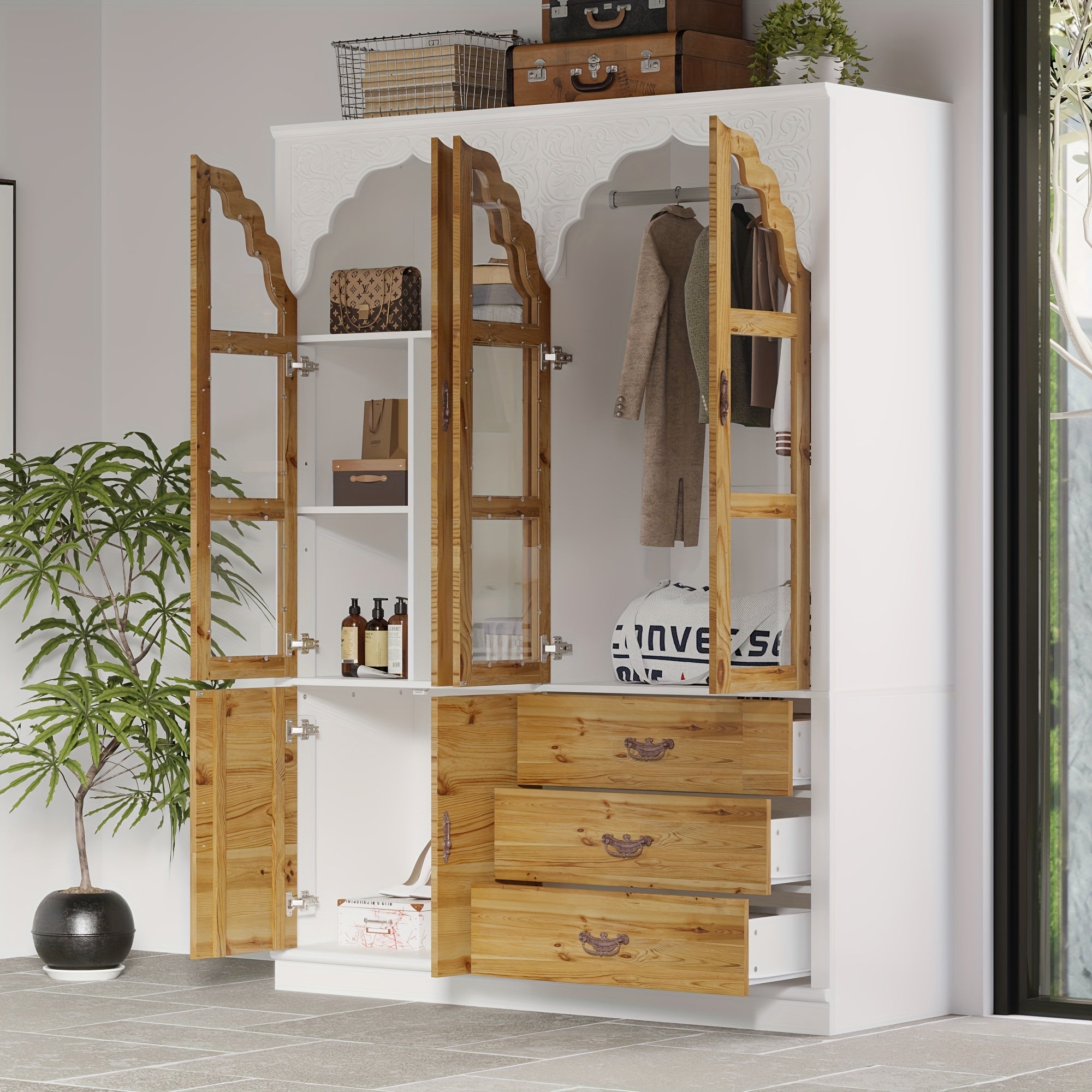 Rustic Expandable Wardrobe With Glass Door, Embodying Classic Armoire Style