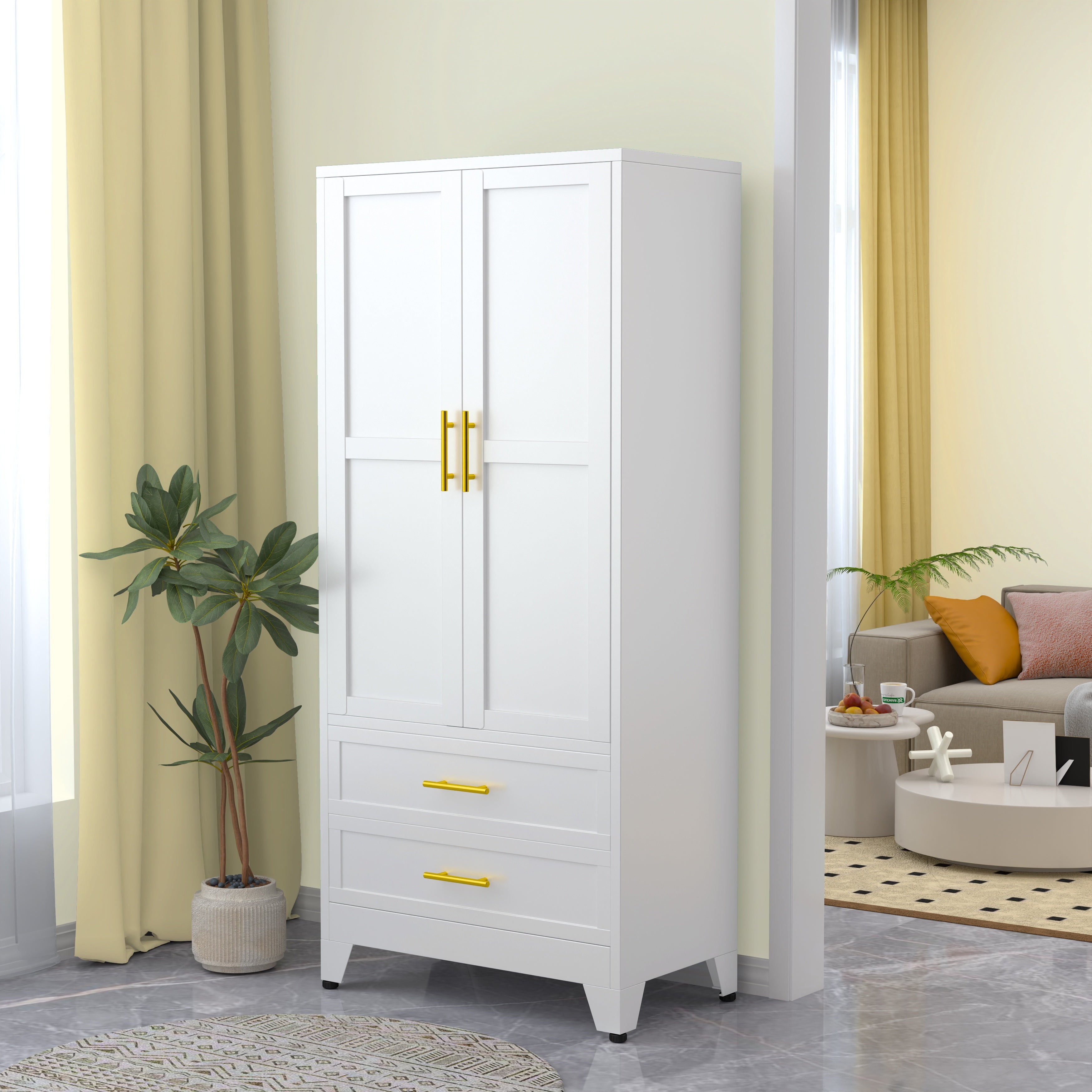 Modern Freestanding Wardrobe Armoire with Two Drawers