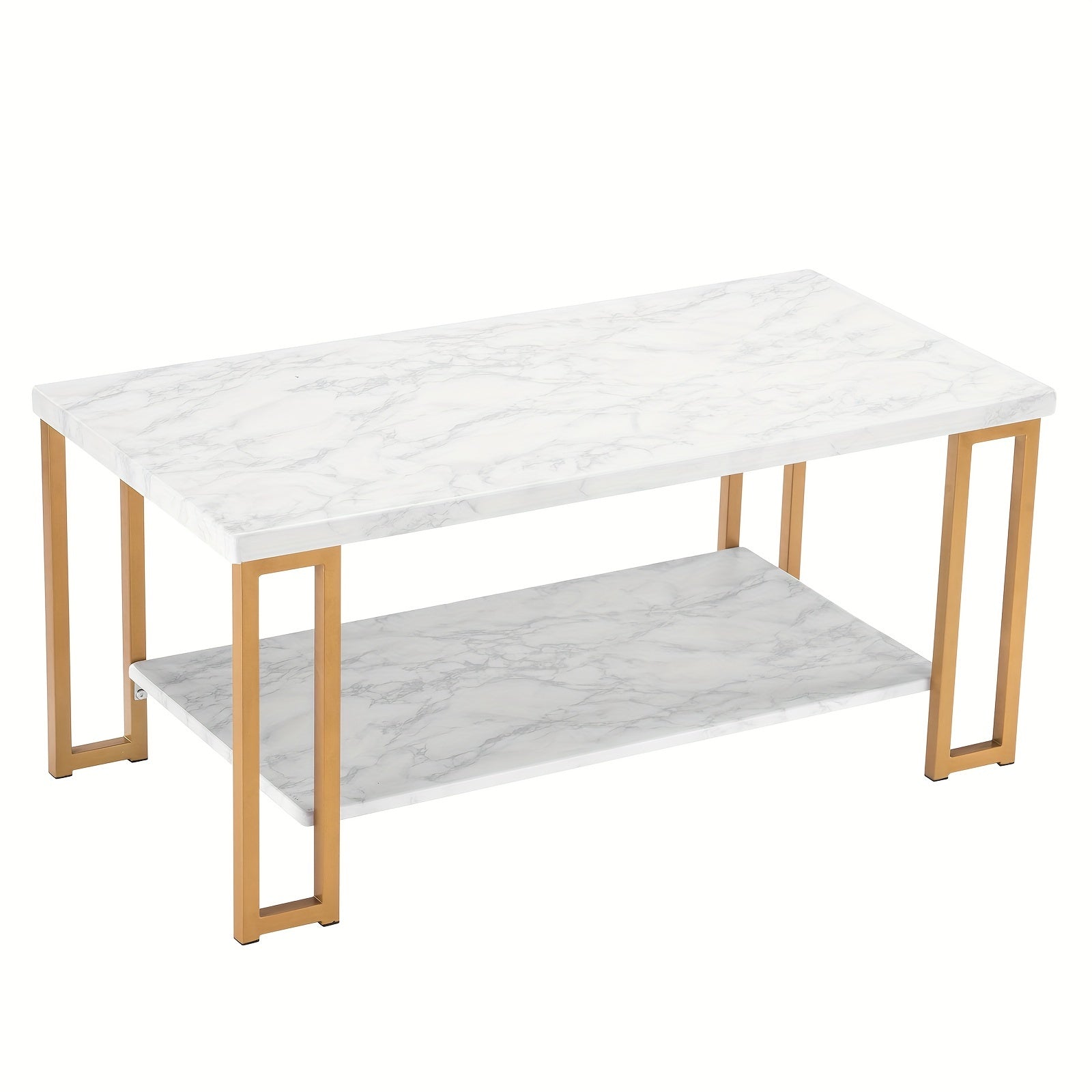 1pc Double Layer Square Frame Legs Coffee Table Rectangle Density Board, Iron 39.37*20.08*18.11inch Imitation Marble White Desktop Golden Baking Paint