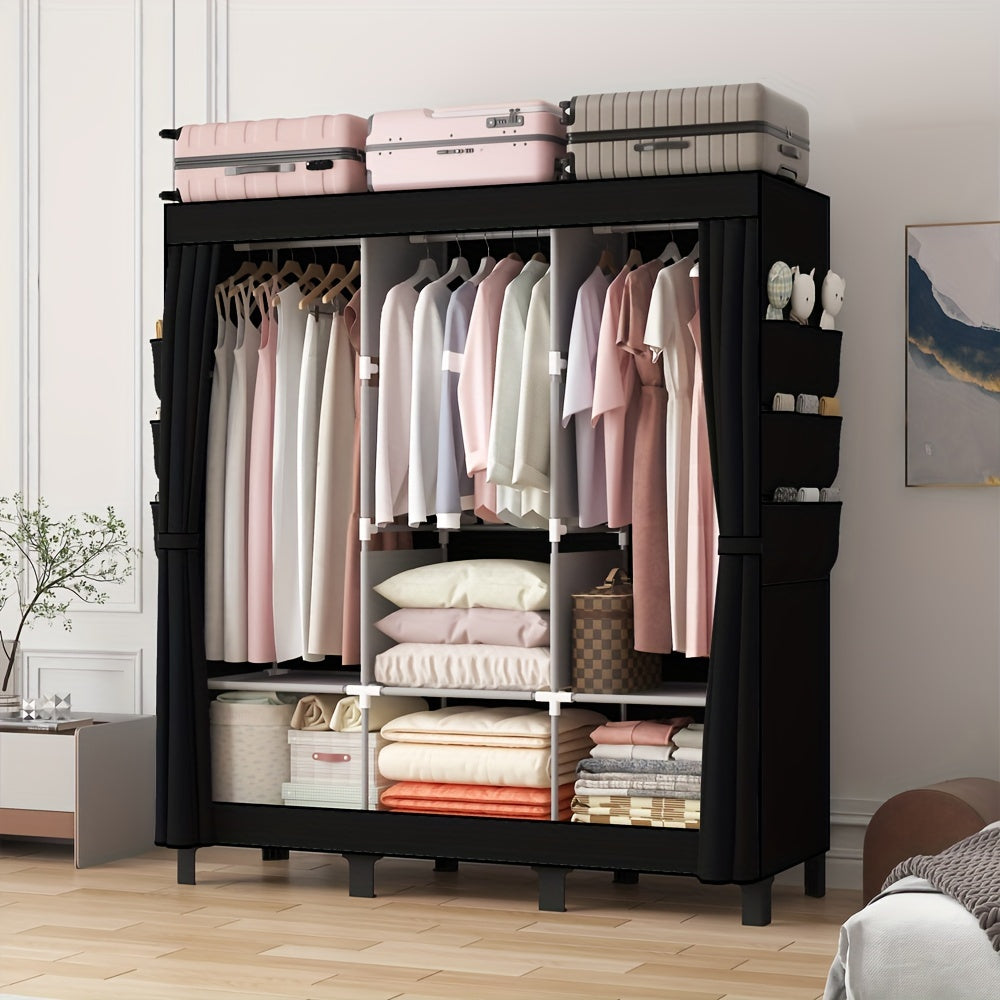 Black Dust-Proof Cloth Wardrobe - Durable Steel Frame, Multi-Layer Storage Organizer For Bedroom, Rental, And Dorm