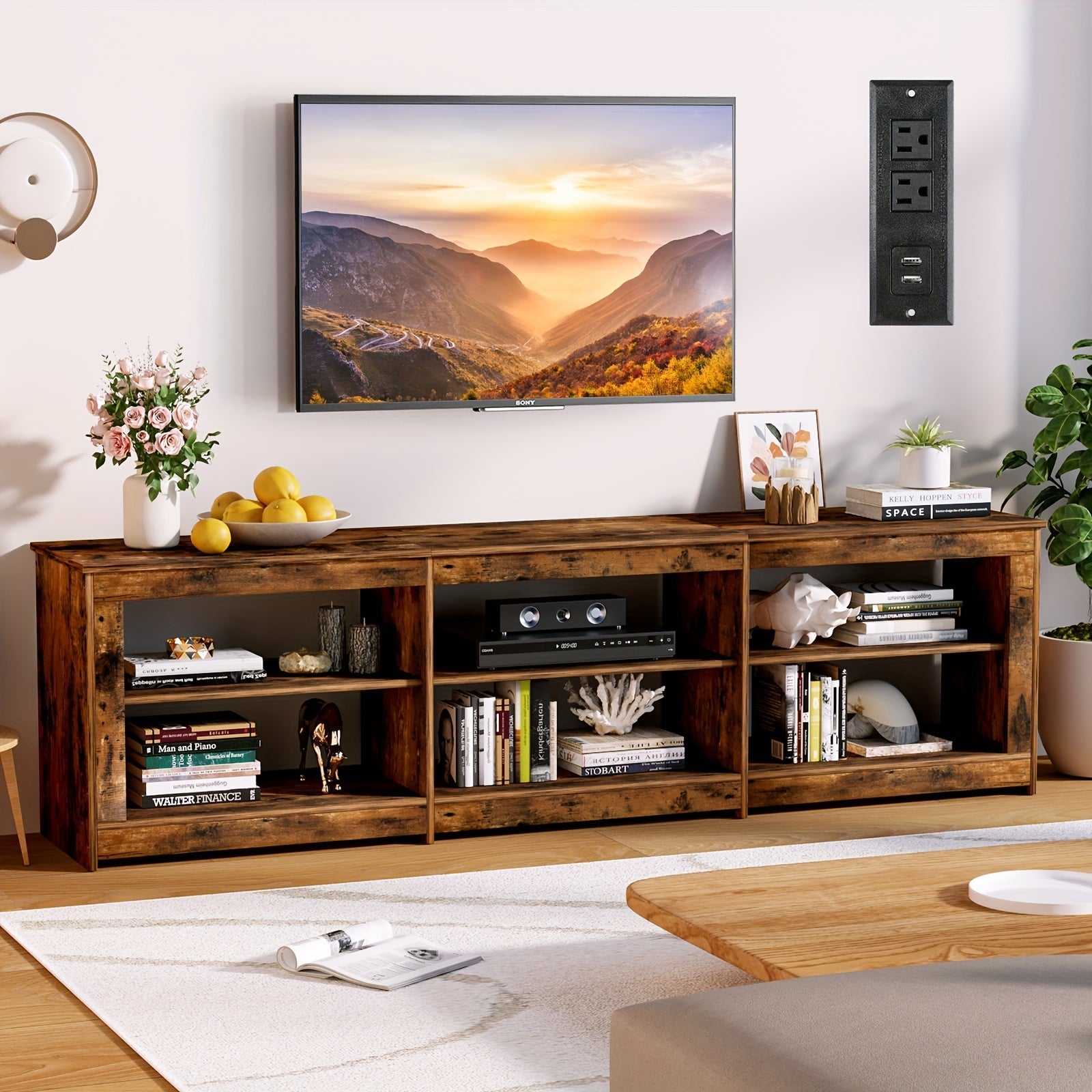 200cm Rustic TV Stand With Outlet & 6 Open Shelves - Rustic Brown - TV Stand Westberry Furniture