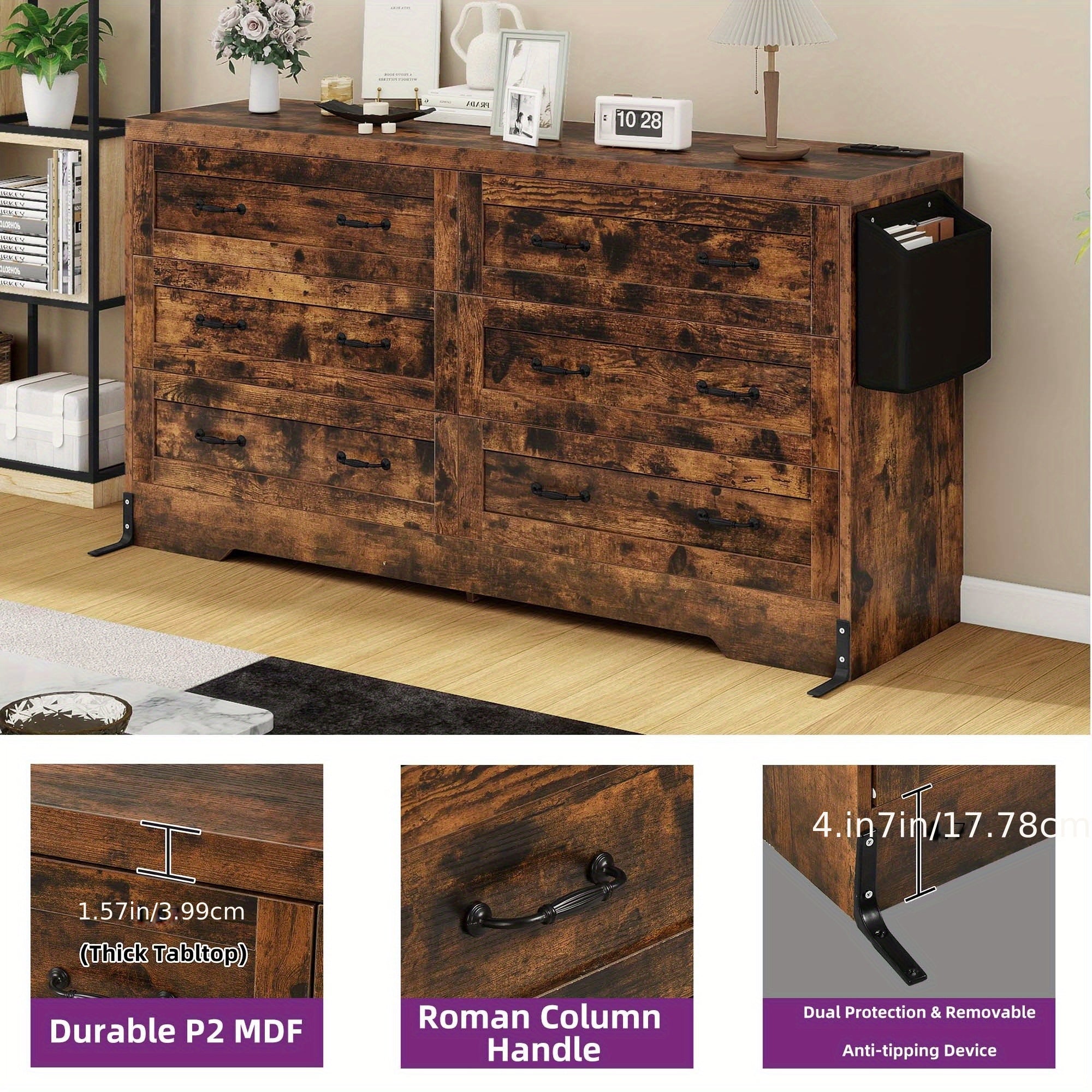 Rustic Brown Wood Dresser with Six Drawers, Charging Station, and Bag