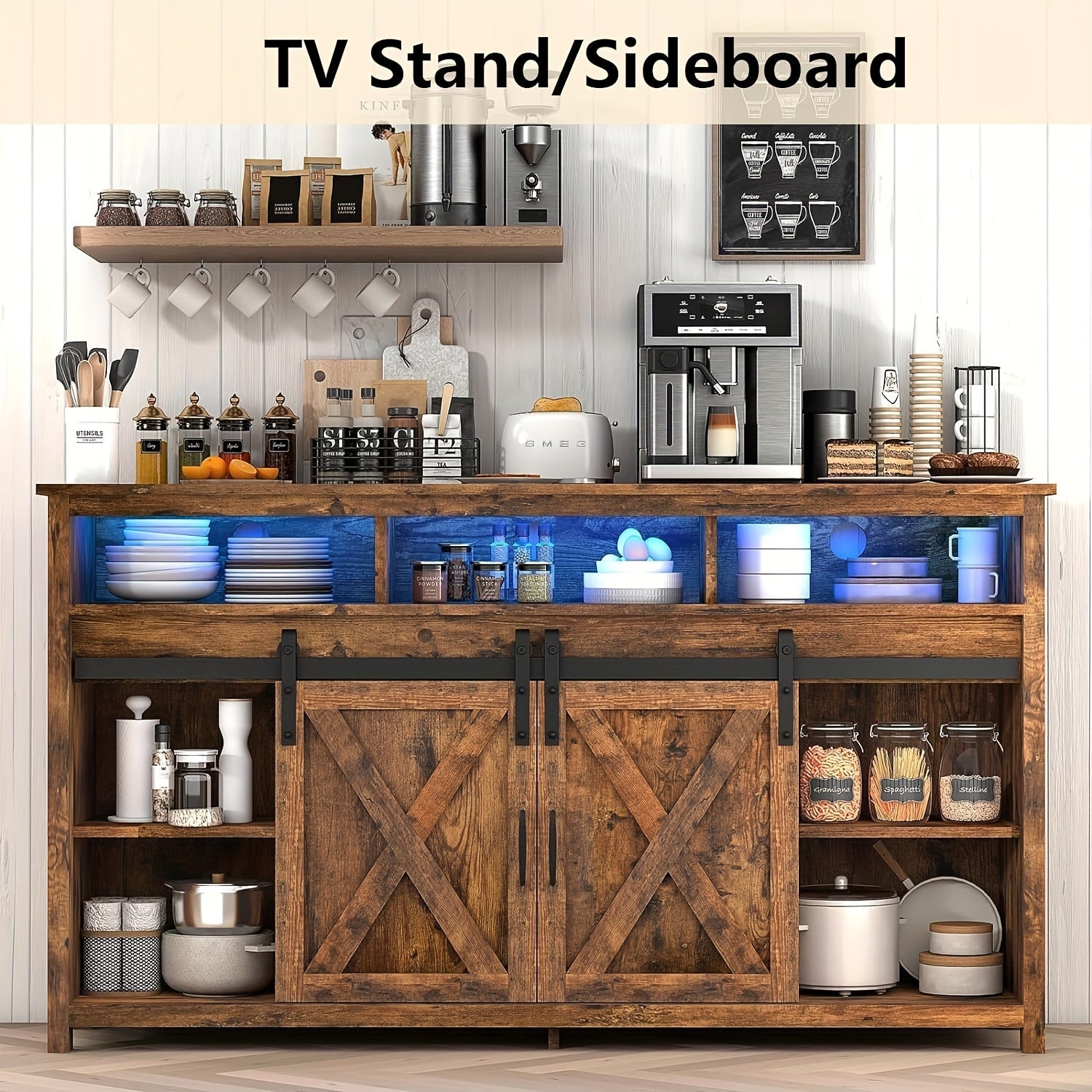 57" Wooden Farmhouse TV Stand For 60 65 Inch TV, Double Layer Storage Entertainment Center TV Console Table With Double-Row Sockets And 2 Sliding Barn Door, Media Cable Box