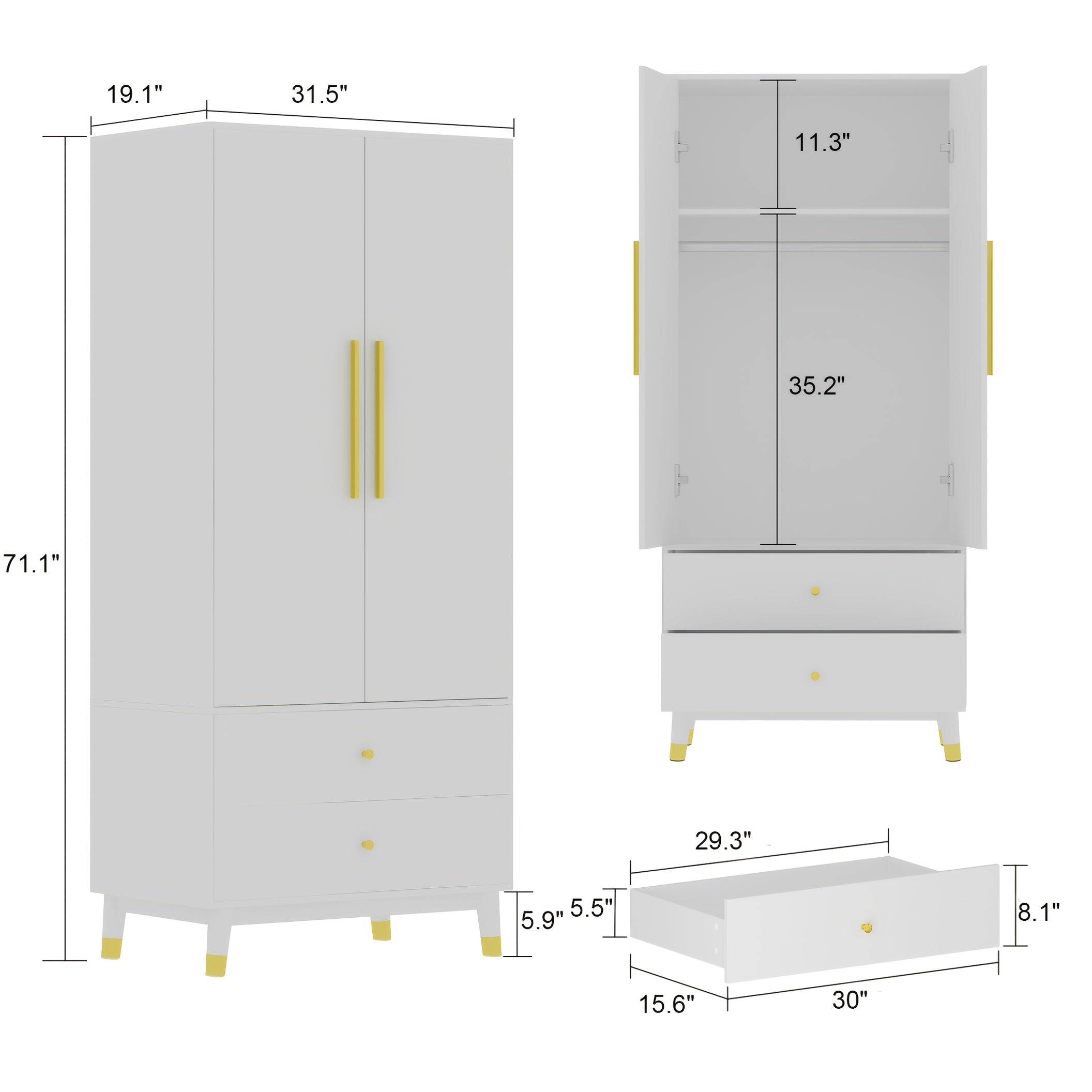 Armoire Large Wardrobe Closet with 2 Doors, Freestanding Wardrobe Cabinet with 2 Drawers Storage Shelves & Hanging Rod, White