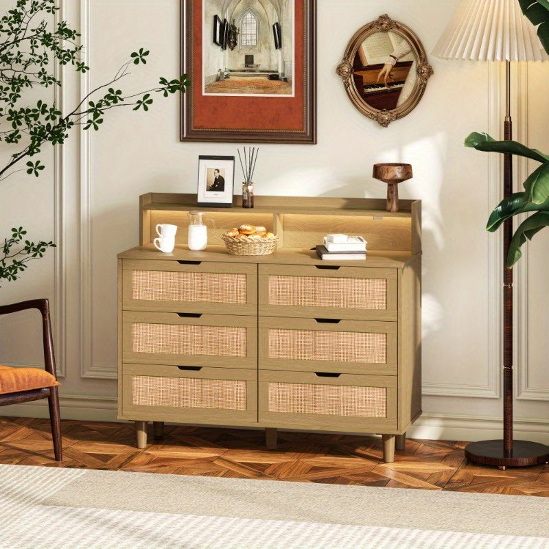 Chic Rattan Storage Cabinet with 6 Drawers - Metal Frame, Ideal for Bedroom & Living Room Organization