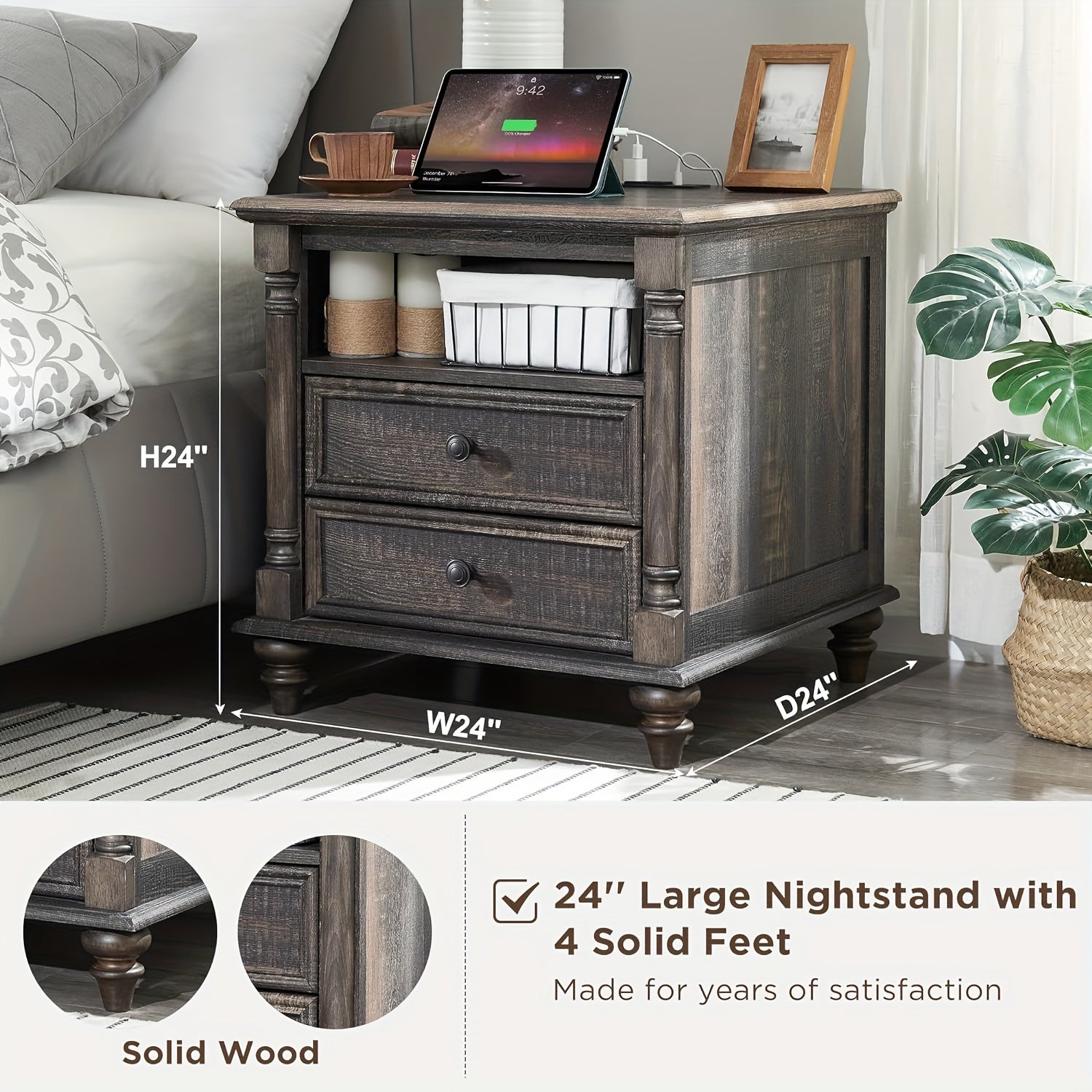 24'' Farmhouse End Table W/4 Solid Wood Feet, Large 2 Drawers Wide Sofa Side Table With Charging Station, Tall Rustic Wood Square Nightstand For Living Room, Bedroom, Office