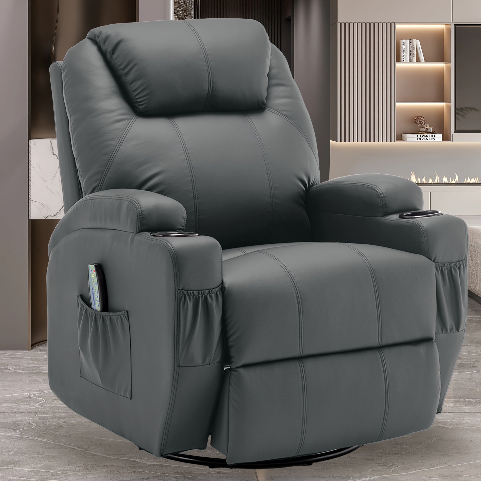 Faux Leather Manual Recliner Chair, Rocking Chair With Massage And Heat, 360° Swivel Recliner Chairs For Adults, Rocker Recliner With Remote Control And Cup Holder For Living Room, Bedroom