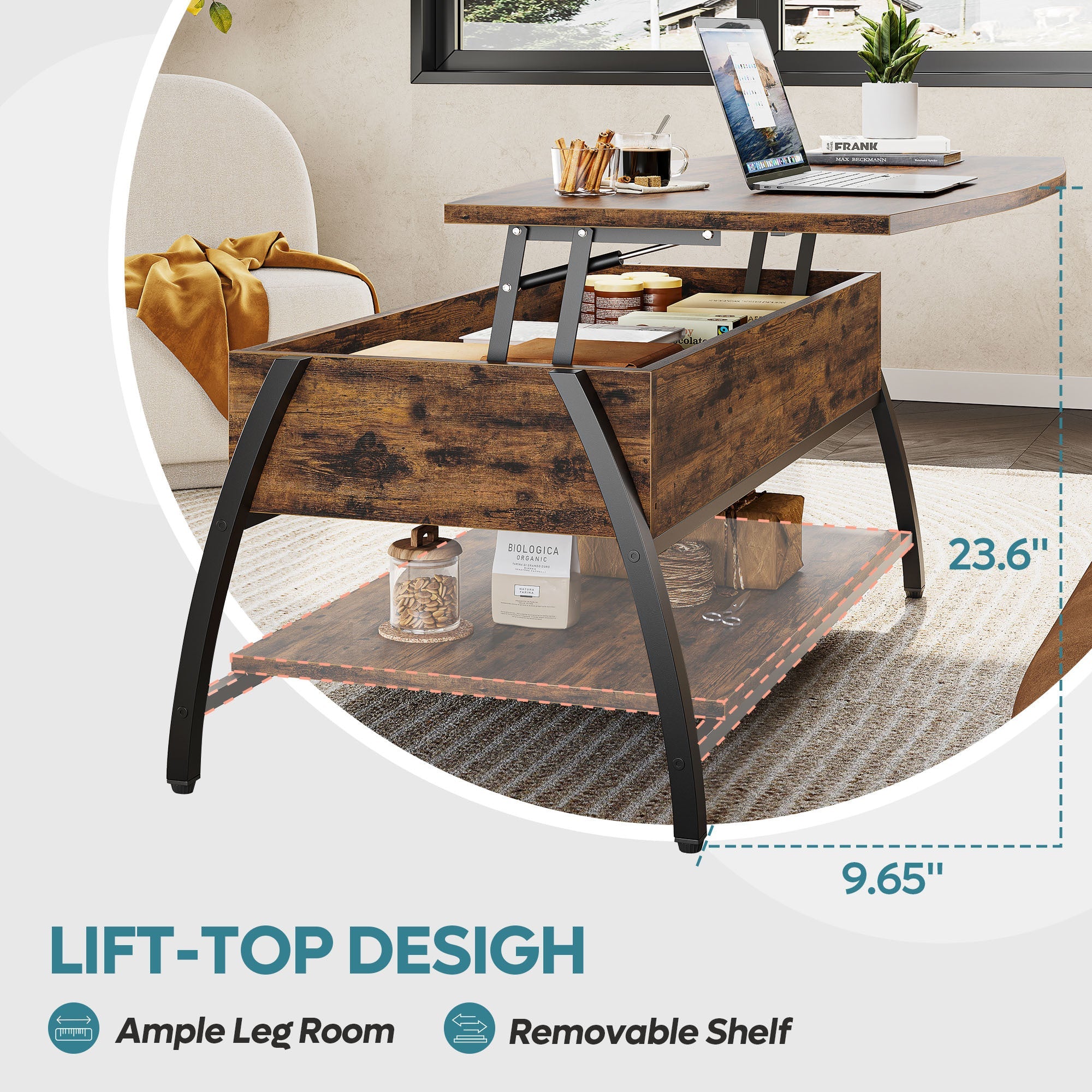 Modern Adjustable Height Coffee Table, Wood-Based Panel & Solid Wood, Industrial Style, with Lift-Top and Storage, for Living Room