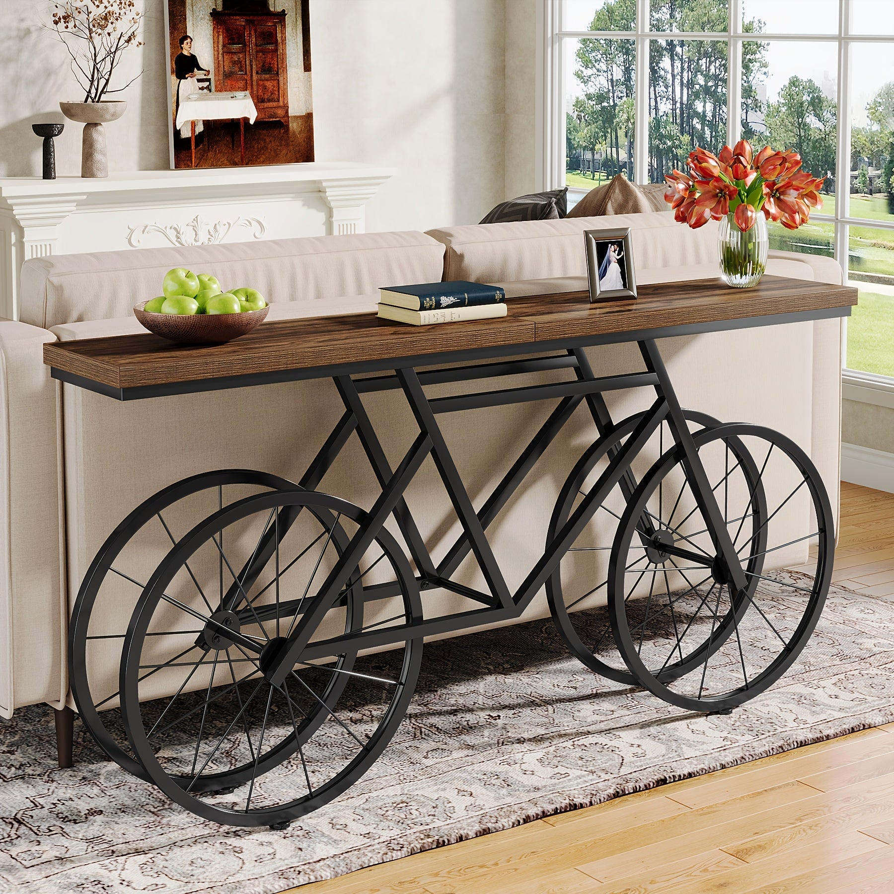 70.9-Inch Farmhouse Extra Long Console Table, Modern Narrow Sofa Table With Bicycle Metal Base, Industrial Entryway Accent Tables Behind Couch Table For Living Room, Bedroom, Hallway, Entrance, Foyer, Rustic Brown, Christmas