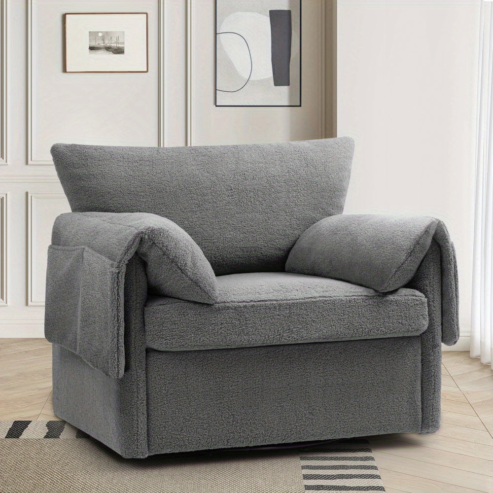 Luxurious Oversized Swivel Armchair - Modern Accent Chair with Soft Teddy Fabric, 360° Rotating Metal Base, and Removable Cushions for Living Room & Bedroom Comfort, Chair for Living Room, Single Sofa Lounge, Comfortable Sea