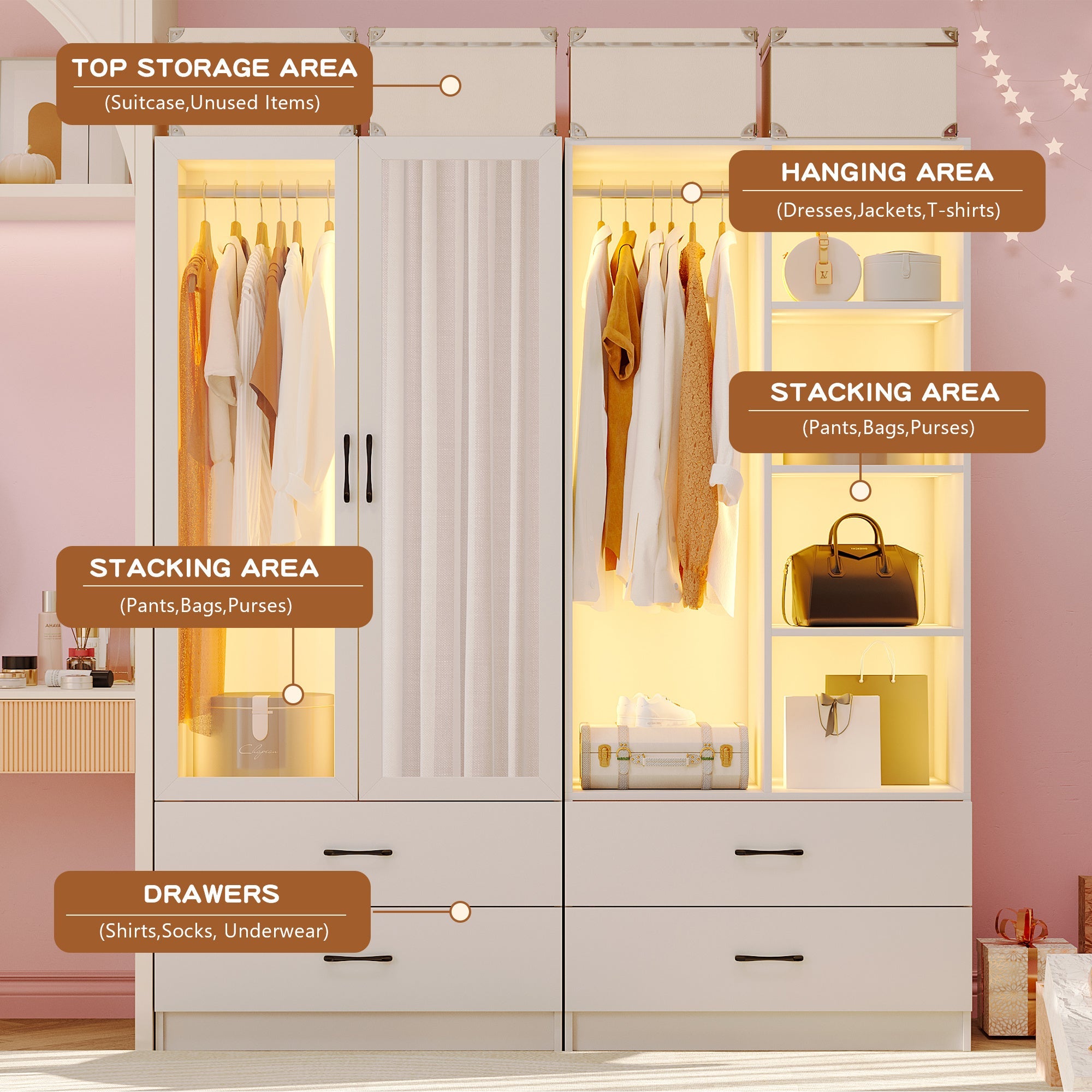 71’’ Elegant White Bedroom Armoire Wardrobe with Mirror - Dual-Door LED Closet Featuring 3-Color Dimmable Lighting