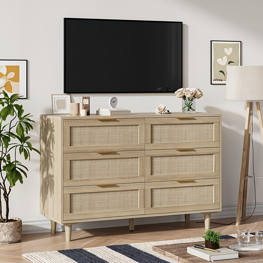 Elegant Boho 6-Drawer Dresser with Golden Handles - Natural Rattan & Wood, Sturdy Metal Frame, Convertible to TV Stand, Ideal for Bedroom & Living Room Storage, Versatile Dresser|Vintage Aesthetic|Sturdy Frame Construction, D