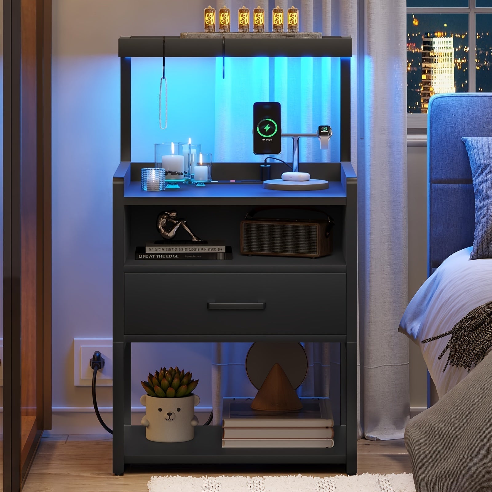 Nightstand With LED Lights Black Night Stand With Drawer Modern End Side Table With Open Storage Shelves Bedside Tables