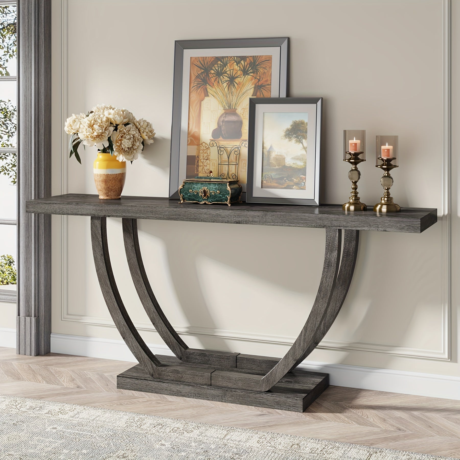 63 Inches Farmhouse Console Table For Entryway, Wood Entry Foyer Table For Entrance, Narrow Long Sofa Table Behind Couch With Metal Legs For Living Room